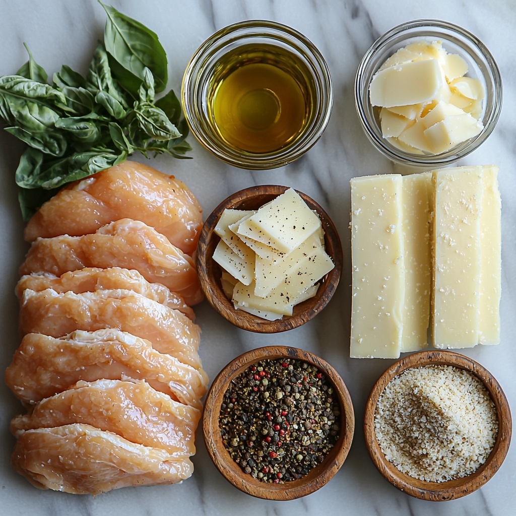 4 boneless, skinless chicken breasts pounded thin, 6 slices of provolone cheese neatly stacked, small bowls containing black pepper, Italian seasoning mix, finely grated Parmesan cheese, and Progresso Italian style bread crumbs arranged artfully, a small glass dish with golden olive oil, all placed on a clean white marble surface. The chicken breasts show a smooth, pale pink texture, cheese slices bright creamy white with slight translucence, vibrant green and brown hues from the Italian seasoning, coarse textured bread crumbs in warm tan, finely grated Parmesan cheese fluffy and off-white, contrasting with the glossy sheen of olive oil. Ingredients spaced evenly with natural light casting soft shadows, minimal props to keep focus on ingredients, styled with rustic wooden spoon and fresh herbs casually placed to add organic feel. overhead shot, top down view, flat lay photography, professional food styling --ar 1:1 --q 2 --s 750 --v 6.1