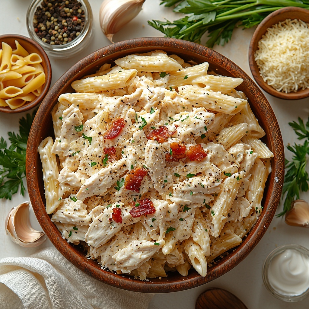 12 ounces dry penne and rotini pasta in a small rustic bowl, 6 slices crispy golden-brown chopped bacon artfully scattered on a white linen napkin, 2 cups shredded and diced cooked chicken breast in a wooden bowl, 2 tablespoons ranch seasoning mix in a small glass dish, 2 peeled garlic cloves next to fresh garlic bulb section, 2 tablespoons all-purpose flour lightly dusted on a wooden cutting board, 1 1/2 cups creamy milk in a clear measuring cup, 1 cup thick heavy cream in a matching glass container, 1 cup shredded sharp cheddar cheese vibrant orange in a small ceramic bowl, 1/2 cup shredded mozzarella cheese soft white fluffy pile, 1/4 cup finely grated Parmesan cheese in a delicate heap, small salt and black pepper grinders placed nearby, scattered fresh chopped parsley and sliced green onions for color contrast, all ingredients arranged neatly on a clean white textured surface with natural light casting soft shadows, subtle props like a wooden spoon and linen cloth edges visible for warmth, emphasizing rich creamy textures, warm earth tones, and fresh vibrant greens, overhead shot, top down view, flat lay photography, professional food styling --ar 1:1 --q 2 --s 750 --v 6.1