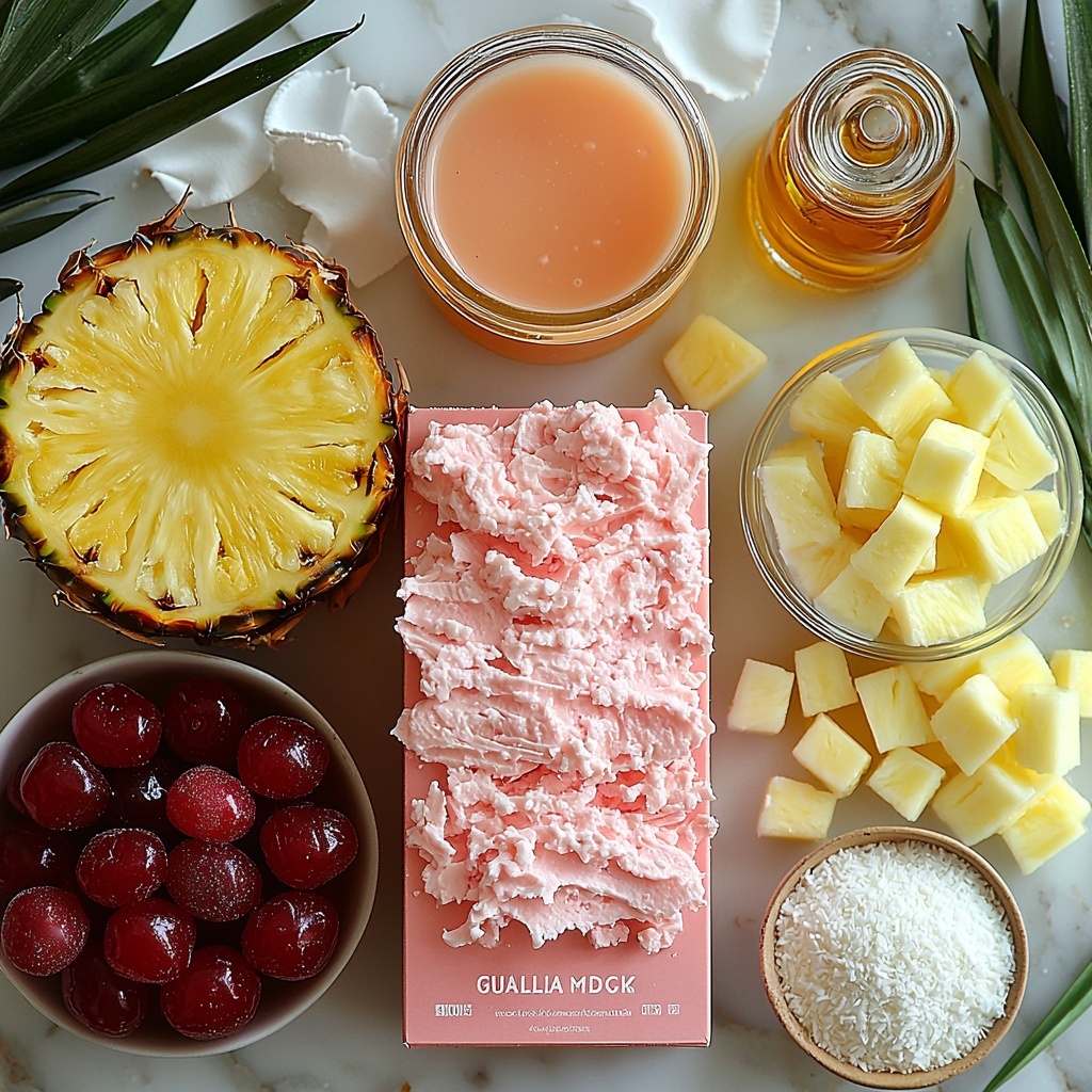 white cake mix box with clean, colorful packaging, a small glass jug of pink guava nectar showing its translucent tropical color, a clear measuring cup with golden vegetable oil, three large fresh brown eggs, an open bowl of smooth softened cream cheese, a small bowl of fine granulated sugar sparkling under the light, a tiny dish with vanilla extract bottle and vanilla beans, an 8-ounce tub of fluffy whipped topping with soft texture visible, a small saucepan with glossy guava glaze simmering gently, a tiny bowl with cornstarch slurry, bright diced pineapple chunks, vibrant red maraschino cherries glistening, delicate white shredded coconut flakes sprinkled nearby -- all ingredients carefully spaced on a clean white marble surface, soft natural daylight casting gentle shadows, minimalist styling with fresh tropical leaves subtly framing the edges, vibrant colors and varied textures emphasized for visual contrast, slight reflections on glass containers, delicate highlights on moist and creamy elements, perfectly arranged for a harmonious and inviting flat lay composition – overhead shot, top down view, flat lay photography, professional food styling --ar 1:1 --q 2 --s 750 --v 6.1
