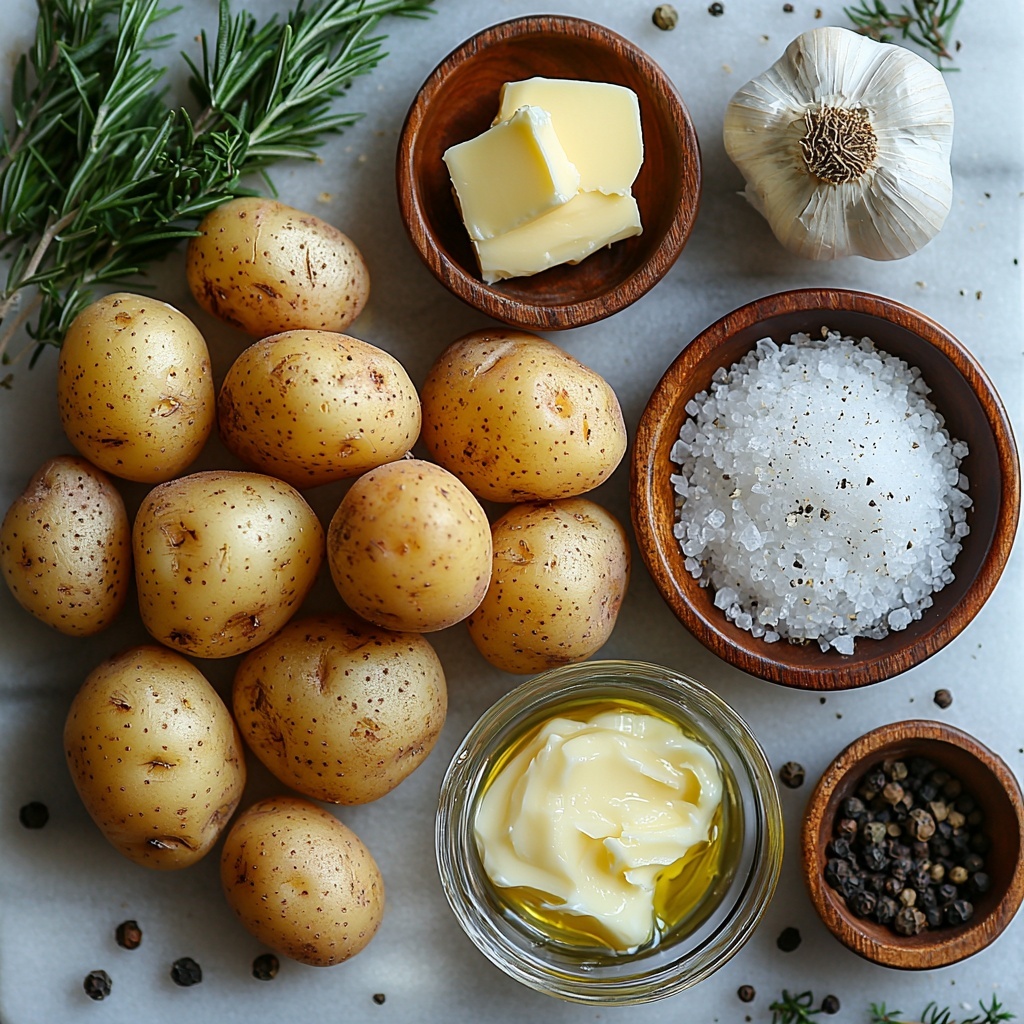 baby potatoes, uniform size, smooth golden and light brown skins, scattered casually on a clean white marble surface; small glass bowl with melted golden butter shimmering under soft light; two garlic cloves, fresh and white with papery skins partially peeled, placed near a small wooden spoon holding finely minced garlic; small ceramic bowls with finely chopped rosemary and thyme, vibrant green herbs contrasting against neutral stoneware; rustic salt crystals and freshly ground black peppercorns sprinkled lightly around ingredients creating texture; natural daylight casting gentle shadows, subtle rustic wooden elements at the edges for warmth; overall composition balanced with negative space, emphasizing freshness and simplicity — overhead shot, top down view, flat lay photography, professional food styling --ar 1:1 --q 2 --s 750 --v 6.1