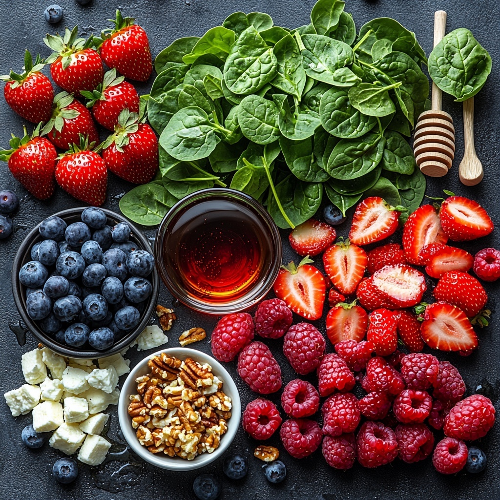 fresh baby spinach leaves spread out in a loose pile with vibrant deep green color and delicate texture, sliced strawberries showcasing bright red hues and juicy interior arranged in neat rows, plump blueberries with dark blue glossy skins clustered nearby, fresh raspberries with rich red tones and soft, bumpy texture placed carefully, thinly sliced translucent red onion rings fanned out to reveal purple and white layers, small bowl of crumbled creamy white feta cheese with slightly crumbly texture, scattering of chopped toasted pecans showing warm golden brown color and rough texture, a small glass bowl of freshly blended strawberry vinaigrette with smooth glossy surface and pinkish-red tint, droplets of honey and a spoonful of Dijon mustard artistically placed on rustic ceramic spoons, drizzle of olive oil in a small shiny dish catching light, coarse salt flakes and cracked black peppercorns sprinkled gently on the clean white matte surface, all ingredients arranged with balanced spacing and harmonious color contrast against a bright clean backdrop emphasizing freshness and natural appeal, soft natural daylight enhancing textures and colors, subtle shadows adding depth, overhead shot, top down view, flat lay photography, professional food styling --ar 1:1 --q 2 --s 750 --v 6.1