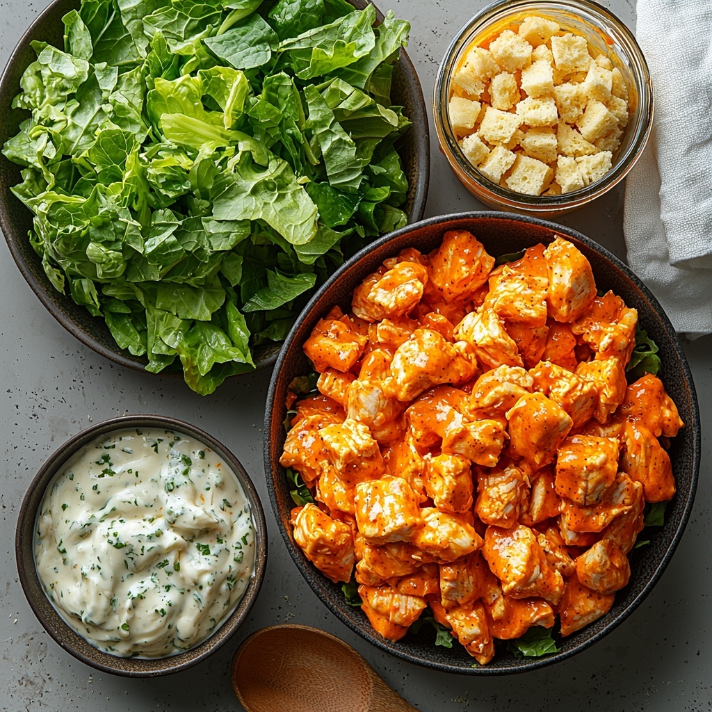 Buffalo chicken breast shredded and coated in vibrant orange Buffalo wing sauce in a small bowl, creamy white Caesar dressing in a glass jar, fresh chopped romaine lettuce with bright green crisp leaves in a separate bowl, finely grated pale yellow Parmesan cheese scattered neatly in a small dish, golden crushed croutons lightly piled on the side, four large soft flour tortillas laid flat and slightly overlapping on a smooth, clean white surface. The ingredients are arranged evenly spaced with natural light highlighting the glossy, saucy texture of the chicken and the fresh, crisp greens. Subtle shadows create depth; the scene is styled with minimal rustic props like a small wooden spoon and a crisp white linen napkin folded nearby. The composition emphasizes color contrast between the orange sauce, green lettuce, and neutral tortillas, creating an inviting and fresh look. Overhead shot, top down view, flat lay photography, professional food styling --ar 1:1 --q 2 --s 750 --v 6.1
