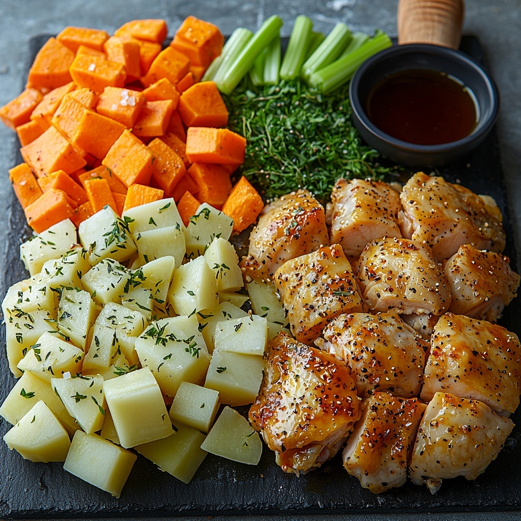 bone-in skin-on chicken thighs with glistening golden skin, medium-sized yukon gold potatoes cut into rustic chunks with pale yellow flesh and smooth peel, medium sweet potato chunks showing vibrant orange flesh and textured skin, bright orange carrot pieces sliced diagonally, crisp celery stalks cut diagonally with fresh green hues, thinly sliced pale purple shallot strips, whole cloves of garlic with papery white skins, small bowl of golden olive oil, wooden spoon with honey drizzle, soy sauce in a dark glossy ceramic dish, sprinkle of coarse salt and cracked black peppercorns scattered lightly, all ingredients carefully arranged and slightly overlapping on a clean, matte white surface enhancing natural colors and textures, soft natural lighting highlighting the freshness and vibrant tones, gentle shadows adding depth, minimalistic rustic props like a linen napkin and wooden cutting board edges subtly framing the composition, overhead shot, top down view, flat lay photography, professional food styling --ar 1:1 --q 2 --s 750 --v 6.1