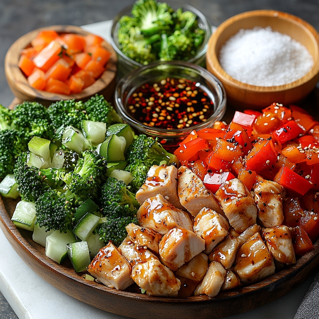 Boneless skinless chicken breast sliced thinly, vibrant red and green bell pepper slices, fresh bright green broccoli florets, translucent sliced medium onion, minced garlic cloves, small piles of freshly ground black pepper, glossy dark soy sauce in a small bowl, rich oyster sauce in a glass container, white cornstarch powder in a wooden scoop, coarse salt crystals scattered, all carefully arranged on a clean white marble surface. The ingredients are spaced evenly with natural light highlighting the textures—the smooth chicken, crisp colorful vegetables, rough pepper granules, and glossy sauces. Minimalistic props like a rustic wooden spoon and small ceramic bowls add warmth and balance. Shadows are soft, colors vivid with a natural, fresh look. Overhead shot, top down view, flat lay photography, professional food styling --ar 1:1 --q 2 --s 750 --v 6.1