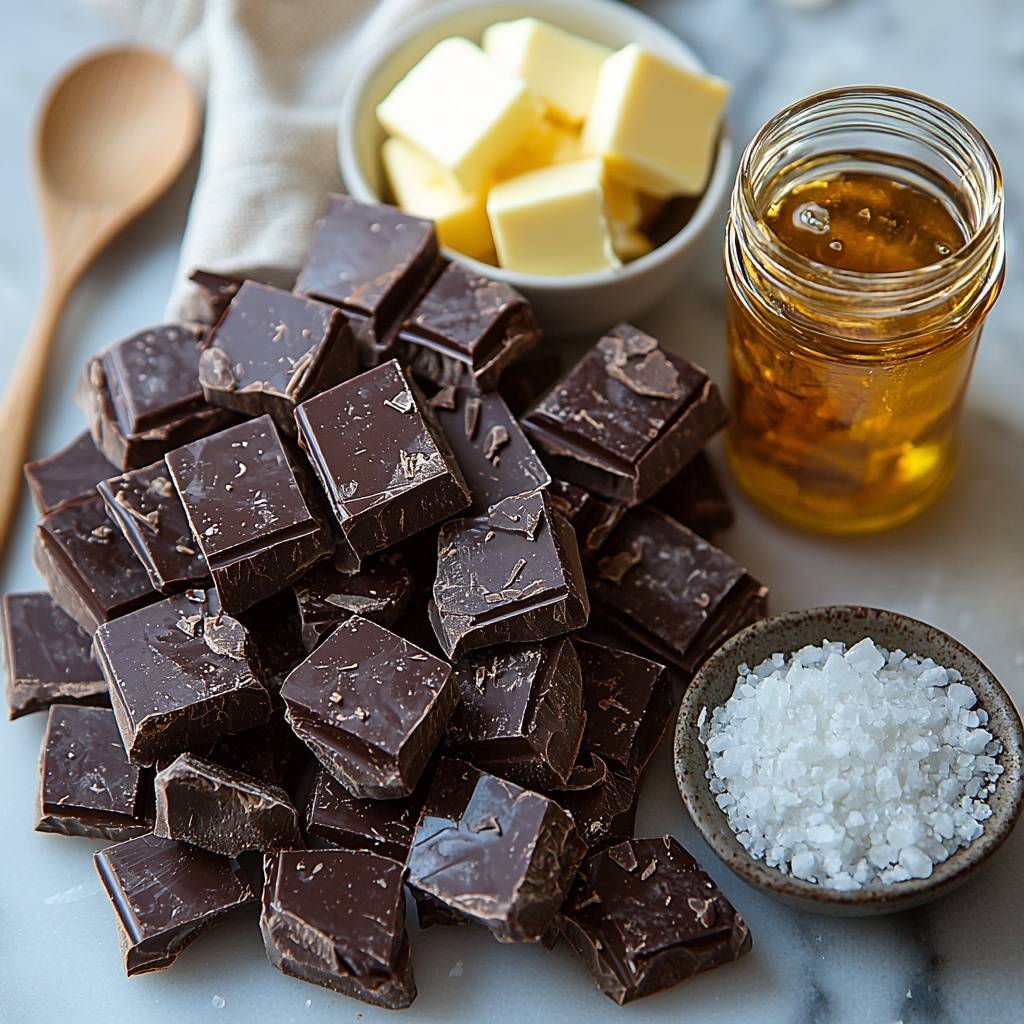16 oz semisweet chocolate bars broken into uneven chunks, glossy dark brown with subtle texture; 14 oz can of sweetened condensed milk, opened with creamy thick white liquid slightly spilling; 2 tablespoons unsalted butter cut into small pale yellow cubes, soft with a smooth surface; small bowl with fine sea salt, white and crystalline; small glass container of golden vanilla extract with a rich amber hue. All ingredients meticulously arranged on a clean, matte white surface to enhance vibrant colors and contrasts. Chocolate pieces scattered loosely on one side, butter cubes neatly placed nearby, the opened can tilted slightly with some condensed milk visible at the rim, salt in a delicate ceramic dish, vanilla extract in a minimalist glass bottle. Soft natural light from the left casting gentle shadows, emphasizing textures and depth. Minimalist styling with a subtle linen napkin folded at the edge, a wooden spoon and metal spatula casually placed nearby to suggest the cooking process. Overhead shot, top down view, flat lay photography, professional food styling --ar 1:1 --q 2 --s 750 --v 6.1