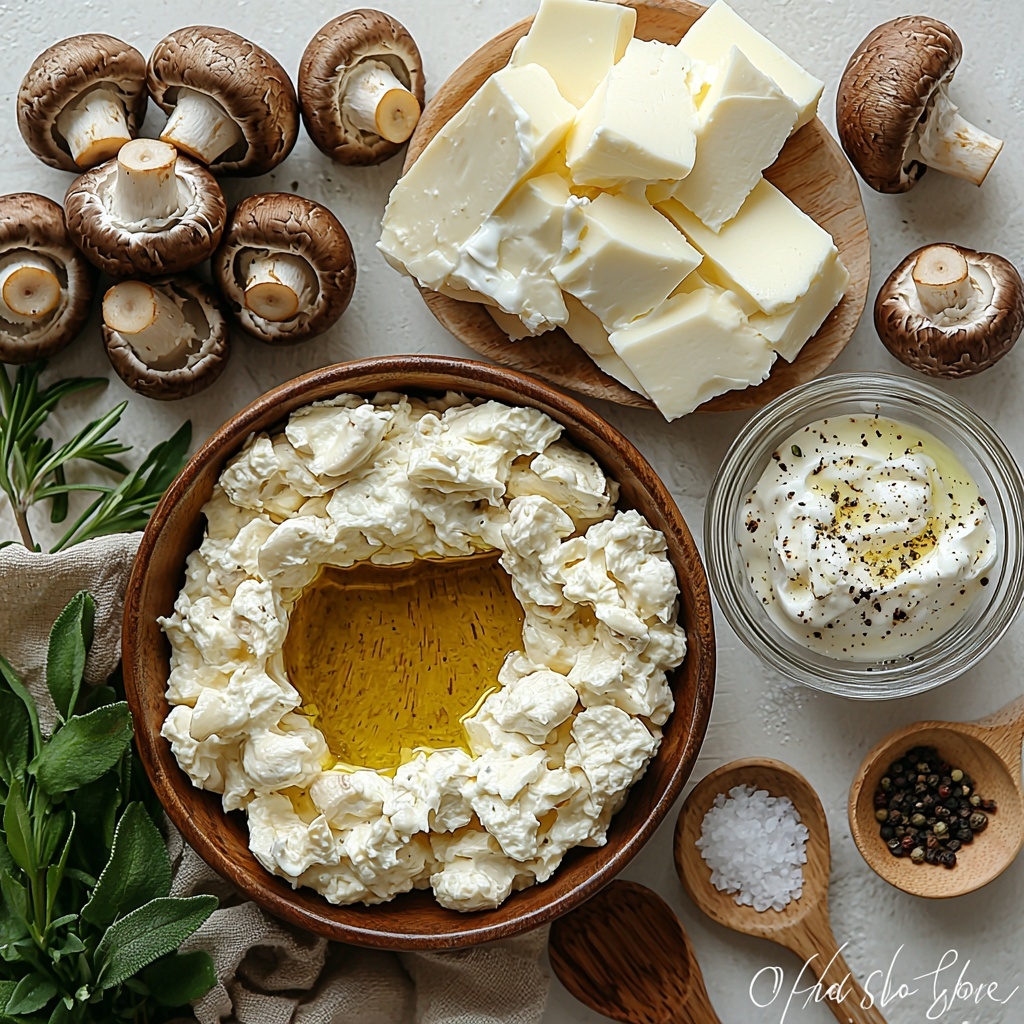 a clean white surface with fresh ingredients neatly arranged for a stuffed mushroom dip recipe: a small pool of golden olive oil glistening in a tablespoon, a wooden bowl filled with sliced brown mushrooms showing their tender texture, two cloves of garlic with papery skins partially peeled to reveal white flesh, a block of creamy, soft cream cheese with a smooth texture, a small glass bowl of thick, white sour cream, a clear bowl with shredded mozzarella cheese showcasing its stringy, light yellow strands, a smaller dish holding grated Parmesan cheese with a fine, crumbly texture, a tiny ramekin of coarse sea salt, a small sprinkle of freshly ground black pepper grains scattered artistically, and a bundle of fresh green thyme or parsley leaves adding a pop of vibrant color. The ingredients are spaced evenly on the surface with natural light casting soft shadows to highlight the textures and colors, styled with rustic wooden spoons and neutral-toned linen napkins around for warmth and depth. overhead shot, top down view, flat lay photography, professional food styling --ar 1:1 --q 2 --s 750 --v 6.1