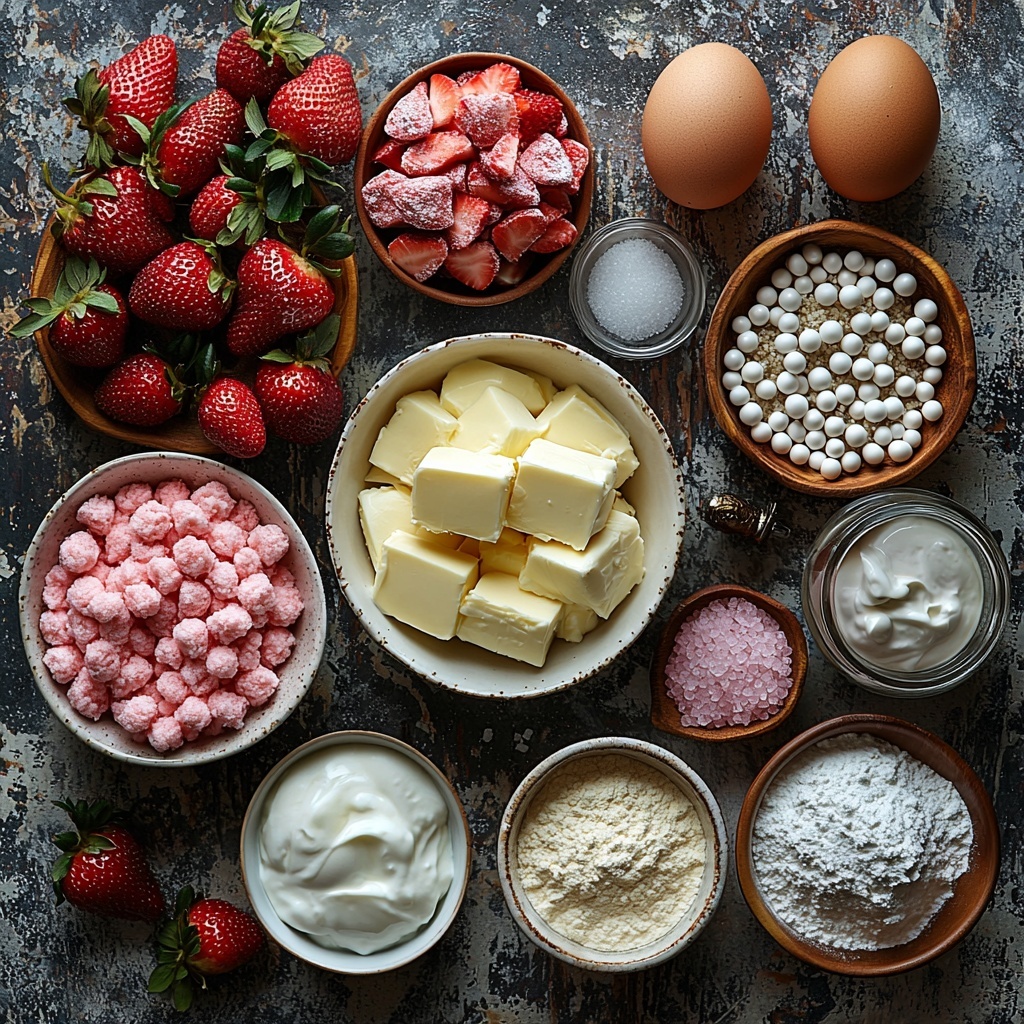 A clean, bright surface neatly arranged with the main ingredients for a strawberry milkshake pound cake: softened unsalted butter in a small white bowl with a creamy texture, a glass jar of granulated sugar shimmering under soft light, four large fresh eggs with smooth brown shells arranged in a line, a small bowl of pale pink strawberry milk reflecting a subtle sheen, a ramekin of thick white sour cream, a white ceramic bowl filled with fluffy all-purpose flour, a small dish holding fine white baking powder, a tiny bowl of salt crystals, a small bottle of clear vanilla extract with a golden tint, a white bowl heaped with finely chopped fresh red strawberries and scattered bright red freeze-dried strawberries nearby, a bowl of powdered sugar powder soft and pure white, a small glass cup with extra strawberry milk for the glaze, a tiny dish with a pinch of salt, and a cup with colorful sprinkles alongside crushed freeze-dried strawberries. The ingredients are spaced thoughtfully with natural light highlighting their textures and colors, wooden and ceramic bowls adding warmth, a few fresh strawberry leaves casually placed for freshness, shadows soft and diffuse to enhance depth. Overhead shot, top down view, flat lay photography, professional food styling --ar 1:1 --q 2 --s 750 --v 6.1