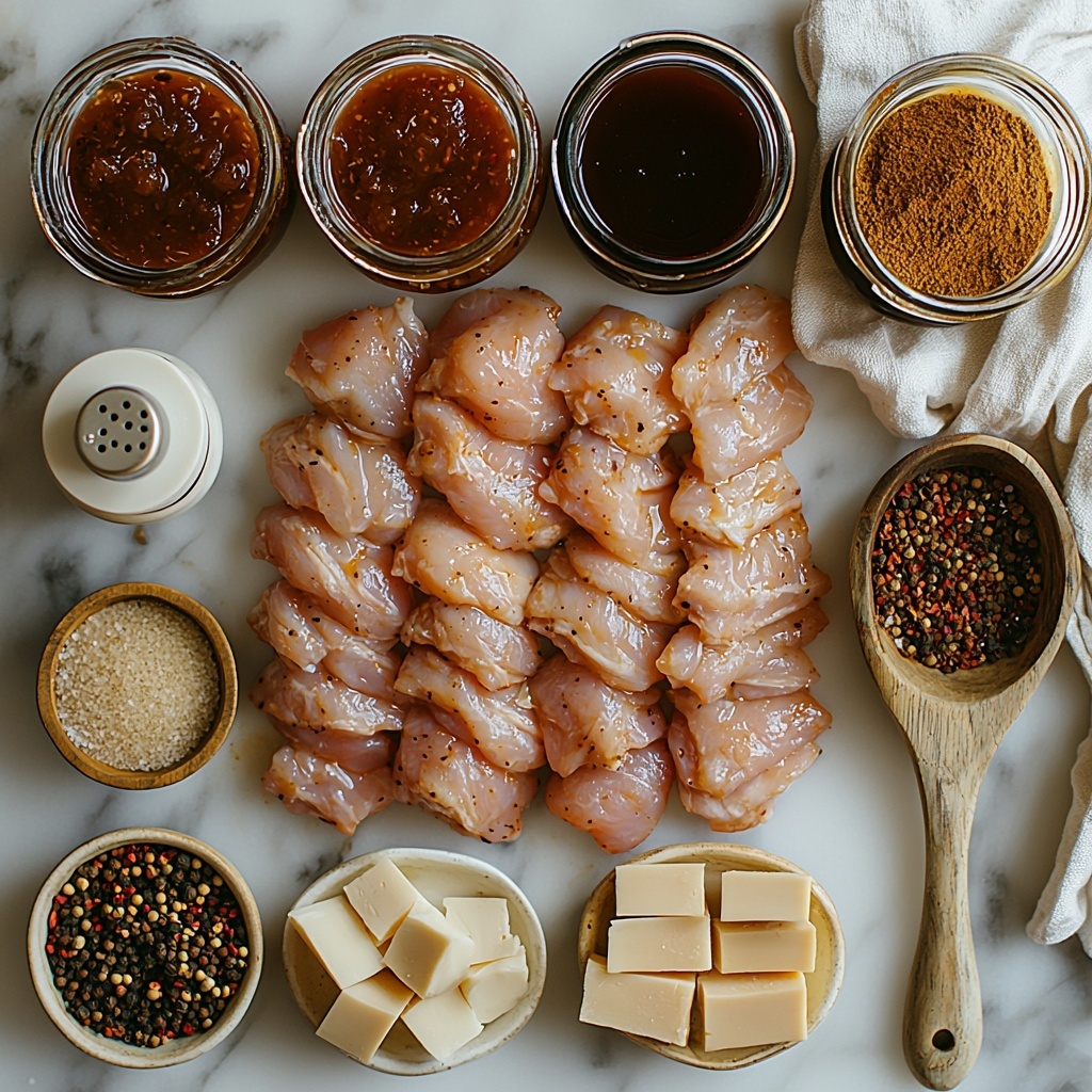/Imagine prompt: A clean white marble surface styled with all the main ingredients for a crockpot BBQ chicken recipe arranged neatly in a flat lay overhead composition. Centered are 2 lbs of raw boneless, skinless chicken breasts, pale pink with smooth texture and trimmed edges. Surrounding the chicken are small rustic ceramic bowls holding 1 1/4 cup rich reddish-brown honey BBQ sauce with a glossy sheen, 1/2 cup pale yellow fat-free Italian dressing with a slight translucency, 2 tablespoons dark brown Worcestershire sauce with a syrupy texture, and 1/4 cup light brown sugar piled with fine crystals catching the light. Scattered artfully nearby are small vintage white spoons dusted with golden garlic powder and warm beige onion powder. A small wooden salt cellar and black peppercorn grinder sit to one side, adding rustic charm. The arrangement is balanced with soft natural light casting gentle shadows, emphasizing the varied textures and warm earthy colors. The surface is styled minimally with a light linen napkin folded at one corner to add cozy, approachable warmth. overhead shot, top down view, flat lay photography, professional food styling --ar 1:1 --q 2 --s 750 --v 6.1