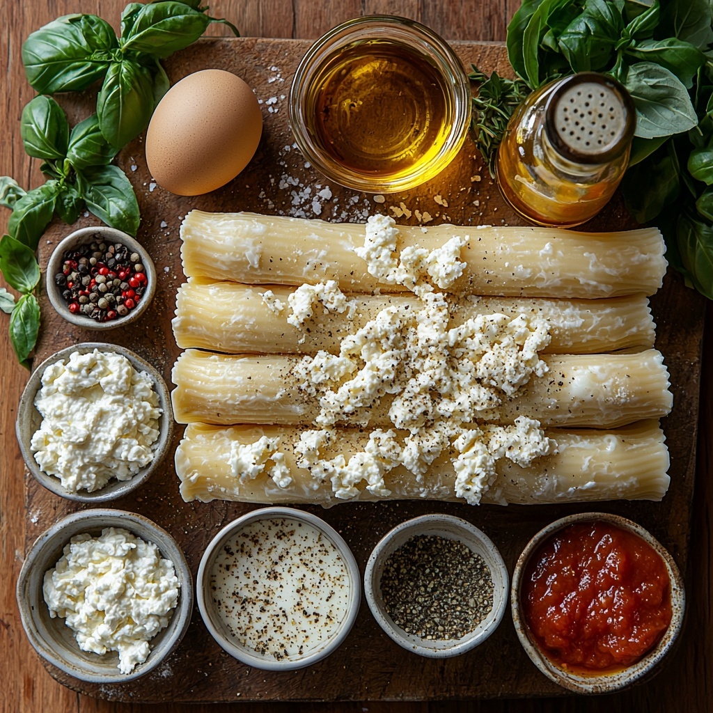 Italian sausage links, uncooked manicotti pasta shells neatly stacked, small bowls of ricotta cheese, shredded mozzarella cheese, and grated Parmesan cheese arranged in a cluster, a cracked raw egg in a clear glass bowl showing vibrant yolk, a small white dish with dried basil, oregano, and garlic powder, a bottle of golden olive oil with a drizzle spilling slightly, a rustic bowl filled with rich red marinara sauce, fresh green basil and parsley sprigs scattered artistically, coarse sea salt and cracked black peppercorns sprinkled around, all placed on a clean light wooden surface with soft natural lighting enhancing the creamy, red, and green hues, textures from smooth cheese to rough dried herbs visually balanced, subtle shadows adding depth, overhead shot, top down view, flat lay photography, professional food styling --ar 1:1 --q 2 --s 750 --v 6.1