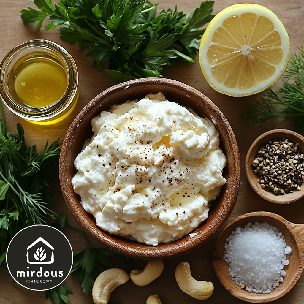 A clean, natural wood surface laid out with all the main ingredients for vegan garlic herb boursin: a small rustic bowl of soaked cashews showing their off-white creamy texture; a glass jar of creamy vegan Greek-style yogurt with a smooth, velvety surface; a halved bright yellow lemon with fresh juice droplets nearby; a small clear glass bowl of amber apple cider vinegar glistening under soft light; a wooden spoon holding thinly sliced fresh garlic clove, next to a small dish of fine garlic powder; a wooden bowl with golden nutritional yeast flakes offering a flaky texture; a small ceramic dish of coarse sea salt crystals; a tiny bowl of cracked black peppercorns with dynamic dark specks; fresh green parsley sprigs, fresh dill sprigs, and chopped chives clustered neatly with vibrant leafy green hues; a tiny ceramic spoon resting with mixed dried herbs de Provence showing earthy green and brown tones. All elements arranged meticulously with balanced spacing, natural soft daylight casting gentle shadows, minimalistic styling emphasizing fresh, wholesome ingredients, and subtle rustic props including linen napkin edges visible. Overhead shot, top down view, flat lay photography, professional food styling --ar 1:1 --q 2 --s 750 --v 6.1