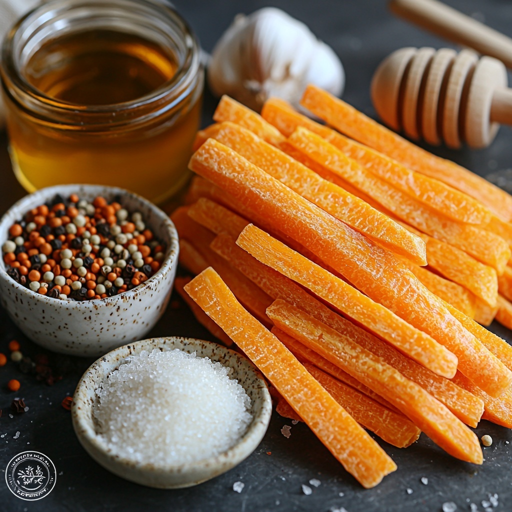 A clean, bright surface with freshly peeled and sliced medium orange carrots arranged both as sticks and round coins in small rustic bowls and scattered loosely on the table. Nearby, a small glass jar of golden amber hot honey glistens with a wooden honey dipper resting beside it. A white ceramic bowl holds coarse white sugar, while another small bowl contains crunchy mustard seeds and a few red pepper flakes sprinkled artfully around. Two peeled garlic cloves with slightly rough textures lie near a tiny pile of black peppercorns and a heap of vibrant red chili flakes. A clear glass measuring cup filled with pale translucent white vinegar and a small bowl of clear water add contrast. Soft natural light highlights the vivid colors, varied textures, and fresh ingredients, styled with minimal props—linen napkin edges and a simple wooden spoon—to convey freshness and rustic charm. The overall look is airy, balanced, and inviting, showcasing the freshness and vibrancy of each ingredient. Overhead shot, top down view, flat lay photography, professional food styling --ar 1:1 --q 2 --s 750 --v 6.1