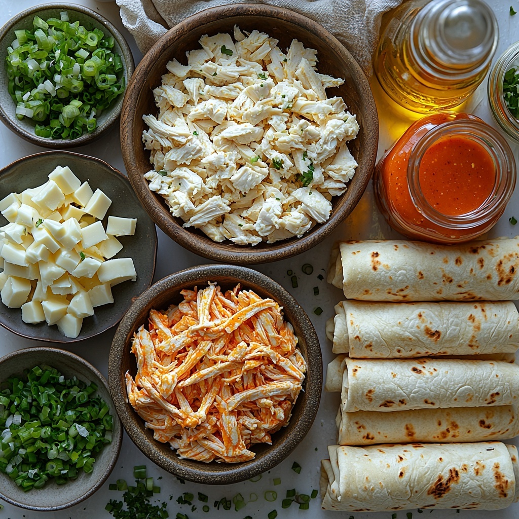 buffalo chicken taquitos ingredients flat lay on a clean white surface, vibrant and fresh colors, 2 cups shredded cooked chicken with tender texture in a small rustic bowl, bright orange-red buffalo sauce in a glass jar with glossy shine, 1 cup shredded cheddar and mozzarella cheese mix with soft and fluffy texture scattered loosely, 8 small soft flour tortillas stacked neatly beside, 1/4 cup chopped green onions with crisp green and white pieces arranged in a small dish, small bottle of cooking oil with subtle golden hue, crisp and clean kitchen towel folded nearby for contrast, natural soft light highlighting textures and colors, minimal shadows, inviting and appetizing styling with careful spacing and balance, overhead shot, top down view, flat lay photography, professional food styling --ar 1:1 --q 2 --s 750 --v 6.1