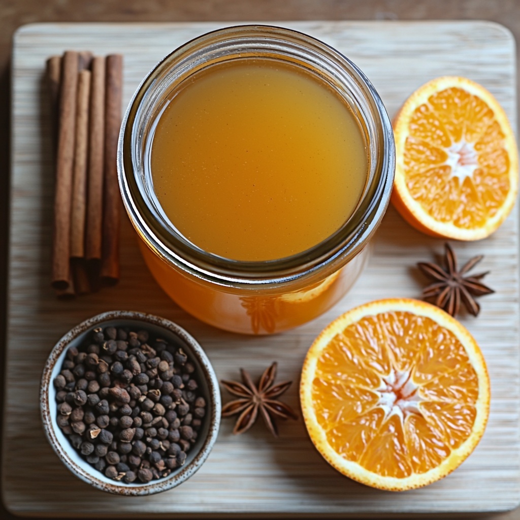 flat lay photography of crockpot mulled apple cider ingredients arranged neatly on a clean light wooden surface: a large glass jar filled with rich amber apple cider, several rustic cinnamon sticks scattered artistically, small heap of whole dark brown cloves in a tiny ceramic bowl, two star anise pods placed symmetrically with their distinct star shapes visible, half a vibrant orange sliced into thin rounds with bright orange peel and juicy textured flesh, overall warm autumnal color palette with natural textures, soft natural daylight highlighting the warm hues and shadows for depth, minimalist styling with slight rustic charm, overhead shot, top down view, flat lay photography, professional food styling --ar 1:1 --q 2 --s 750 --v 6.1