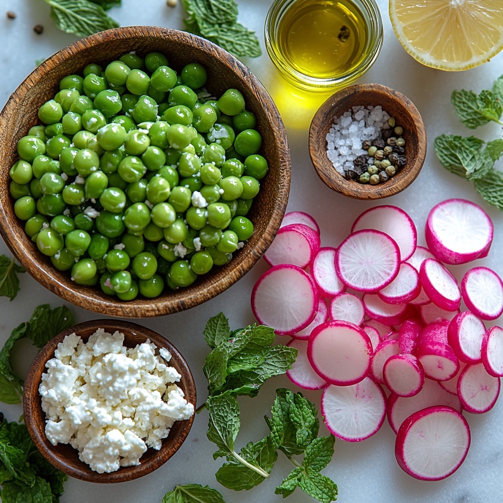 2 cups bright green fresh peas in a small rustic bowl, next to a cluster of thinly sliced vibrant pink and white radishes fanned out neatly on a clean white marble surface; a small wooden bowl filled with crumbly white feta cheese crumbles nearby; scattered fresh mint leaves with deep green, textured edges arranged artfully around the ingredients; a small glass jar of golden olive oil catching soft light; a halved lemon showing bright yellow pulp with a few lemon zest curls delicately placed beside it; a tiny dish of coarse sea salt crystals and another dish with cracked black peppercorns; natural lighting highlighting the fresh colors and textures, minimal shadows, crisp focus on each element, arranged with balanced spacing and harmony to evoke freshness and simplicity, styled with a modern, clean aesthetic emphasizing color contrast and texture -- overhead shot, top down view, flat lay photography, professional food styling --ar 1:1 --q 2 --s 750 --v 6.1
