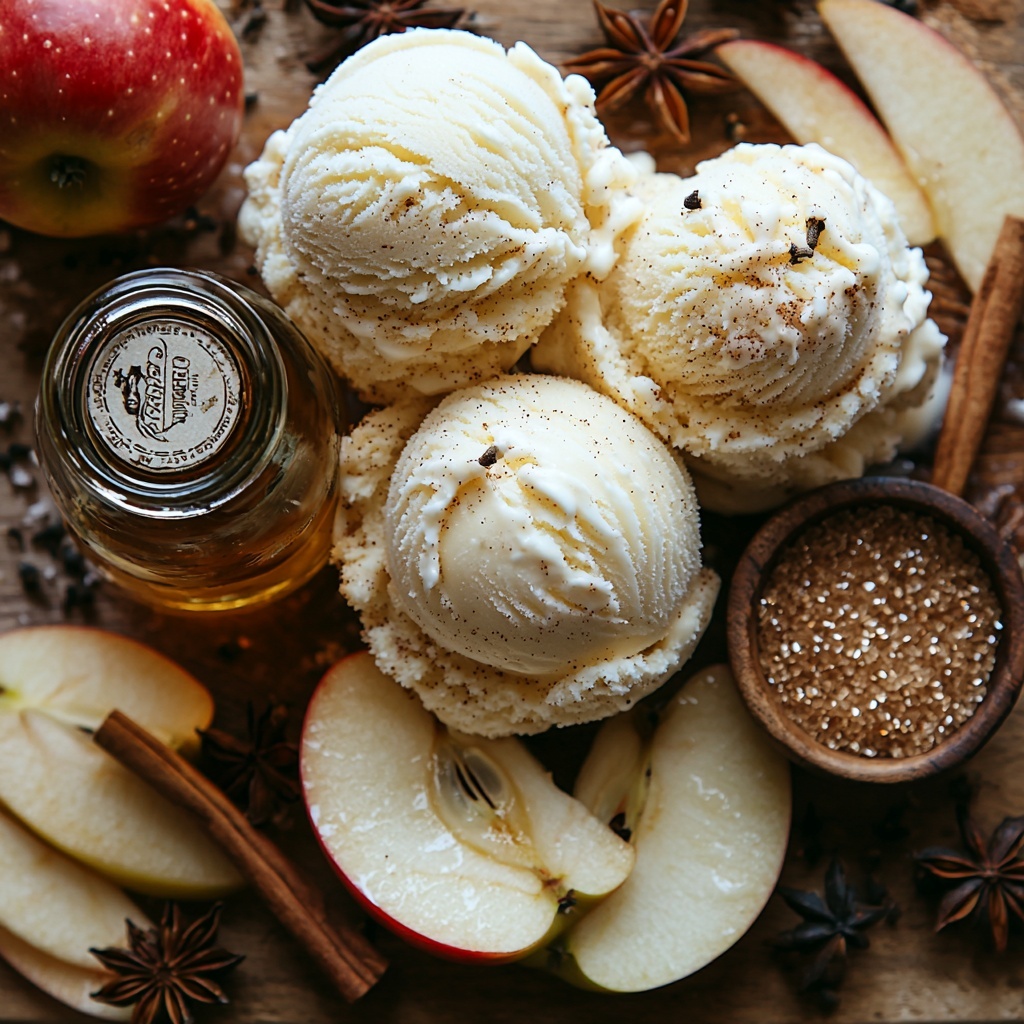 vanilla bean ice cream scoops creamy white with visible vanilla specks, glass bottles of cold sparkling apple cider with condensation droplets, vibrant red apple slices fanned neatly, a deep brown cinnamon stick, dark brown whole star anise pods scattered artfully, a small rustic bowl filled with golden cinnamon sugar crystals, all arranged on a clean, light wooden surface with soft natural lighting highlighting textures and colors, minimalistic and elegant styling with subtle shadows and space between elements to emphasize freshness and contrast, overhead shot, top down view, flat lay photography, professional food styling --ar 1:1 --q 2 --s 750 --v 6.1