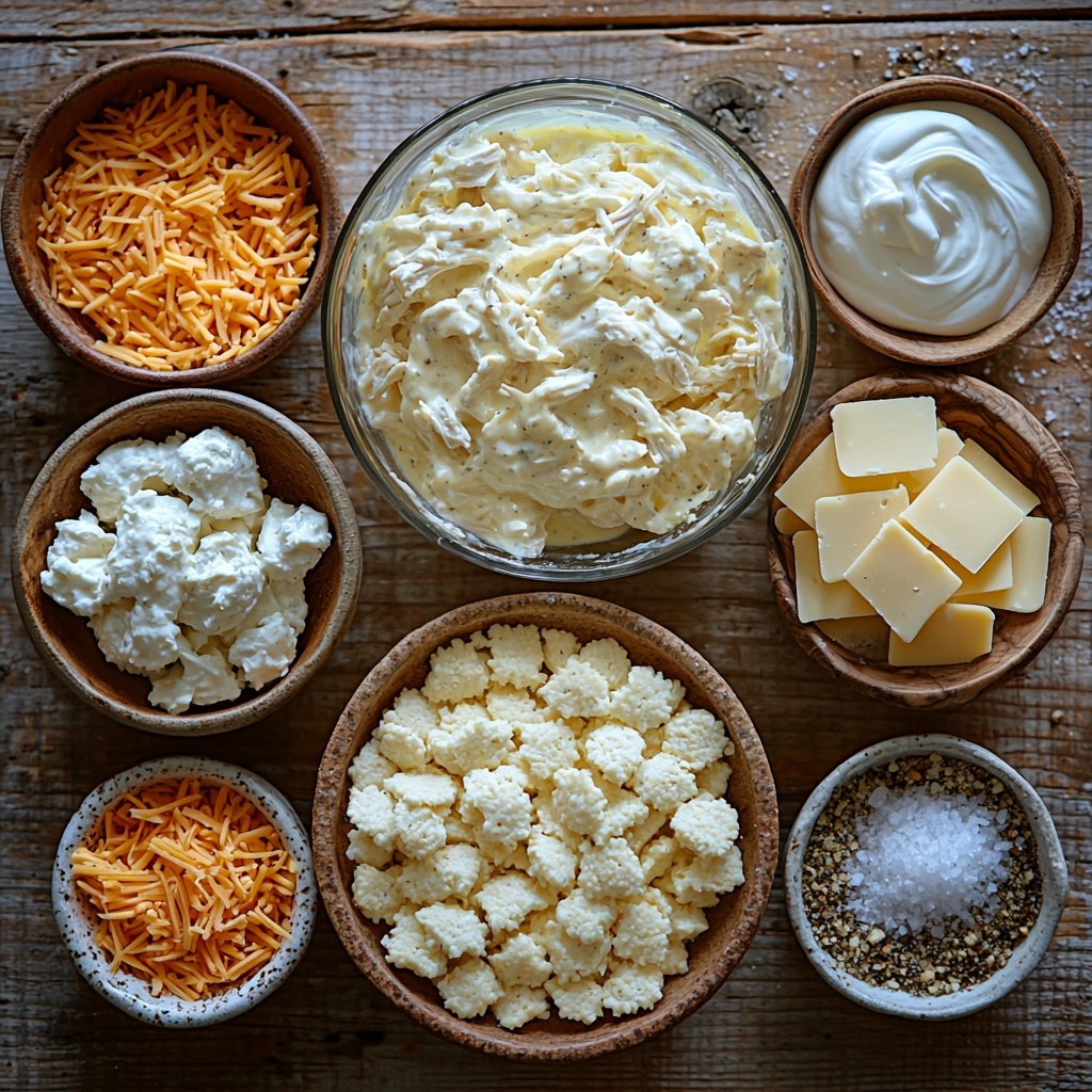 A clean, light wooden surface with neatly arranged main ingredients for Million Dollar Chicken Casserole: a bowl of tender, shredded cooked chicken showcasing soft white and light golden tones; a small glass bowl filled with smooth, creamy pale yellow cheese sauce; a separate small dish holding fine, golden crushed crackers or breadcrumbs with a slightly rough texture; a heap of shredded cheddar cheese in bright orange-yellow strands; a small ramekin of thick, white sour cream with a velvety surface; a small clear bowl containing light golden chicken broth with a subtle sheen; a white ceramic spoon with fine, off-white garlic powder beside small piles of coarse salt and freshly cracked black peppercorns providing visual interest. The ingredients are spaced evenly in a balanced, harmonious layout, enhanced by natural soft light casting gentle shadows, emphasizing contrasting textures and vibrant colors. Minimal, rustic props like a wooden spoon and linen napkin complete the scene. Overhead shot, top down view, flat lay photography, professional food styling --ar 1:1 --q 2 --s 750 --v 6.1