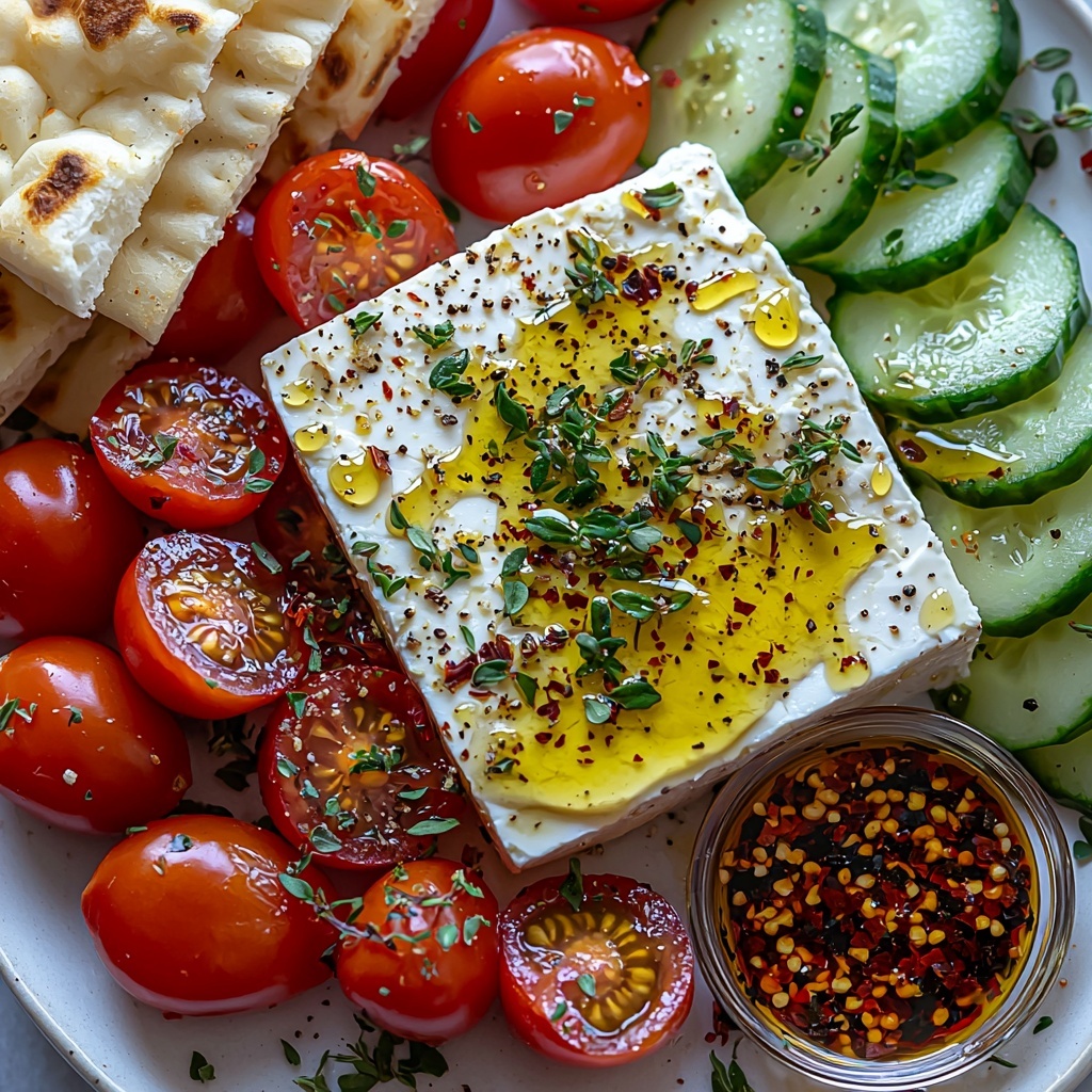 A clean white surface with a central block of creamy white feta cheese, surrounded evenly by vibrant red cherry tomatoes, bright green cucumber slices, deep purple Kalamata olives, and glossy roasted red pepper strips. Drizzled golden olive oil glistens over the feta and vegetables, sprinkled with fine green dried oregano and cracked black pepper specks for texture. A small glass bowl nearby holds a rich amber chili honey drizzle flecked with red chili flakes, looking smooth and sticky. Warm pita or flatbread pieces are artfully placed to one side, showing their soft, golden-brown texture. The composition emphasizes fresh, contrasting colors—white, red, green, purple, and amber—with natural light highlighting the moist, juicy surfaces and the creamy crumbly texture of the feta. Overhead shot, top down view, flat lay photography, professional food styling --ar 1:1 --q 2 --s 750 --v 6.1