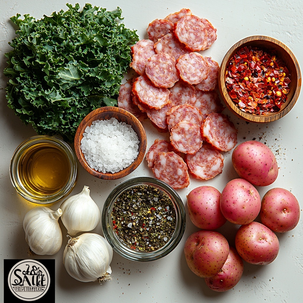 Flat lay photograph of ingredients for creamy dairy free potato kale sausage soup artfully arranged on a clean white surface: six crispy golden-brown bacon slices fanned out beside a small glass bowl of rich golden olive oil; a mound of raw Italian sausage meat, pink and textured, next to a halved white onion with visible layers; five fresh garlic cloves, peeled and slightly crushed; a rustic wooden spoon filled with Italian seasoning, surrounded by small piles of smoky red paprika, vibrant red pepper flakes, coarse sea salt, and freshly cracked black peppercorns; five red potatoes sliced into neat 1/4-inch rounds showing creamy white interiors with red skin edges; a bunch of bright dark green kale leaves torn into bite-sized pieces with a slightly ruffled texture; a carton of creamy white coconut milk and a clear glass jug of golden chicken broth placed nearby for contrast. The ingredients are spaced evenly with natural light casting soft shadows to highlight colors and textures, styled with minimal rustic props such as a linen napkin and small wooden bowls. The overall vibe is fresh, inviting, and colorful, emphasizing wholesome, farm-to-table ingredients. Overhead shot, top down view, flat lay photography, professional food styling --ar 1:1 --q 2 --s 750 --v 6.1