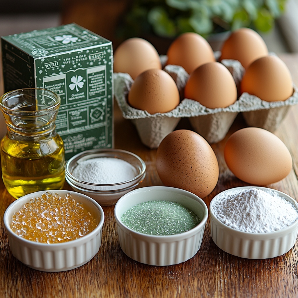 white cake mix box with visible label, two large brown eggs with smooth shells, small glass bowl of clear vegetable oil, small dish of vibrant Kelly green gel food coloring, three tablespoons of sparkling granulated sugar in a white ceramic bowl, six tablespoons of fine powdered sugar in another white bowl, all neatly arranged on a clean, light wooden surface with natural soft daylight, soft shadows creating depth, subtle festive green accents like a small shamrock decoration nearby, minimalistic and tidy composition emphasizing texture contrasts – powdery sugar, glossy oil, smooth eggshells, and colorful packaging overhead shot, top down view, flat lay photography, professional food styling --ar 1:1 --q 2 --s 750 --v 6.1