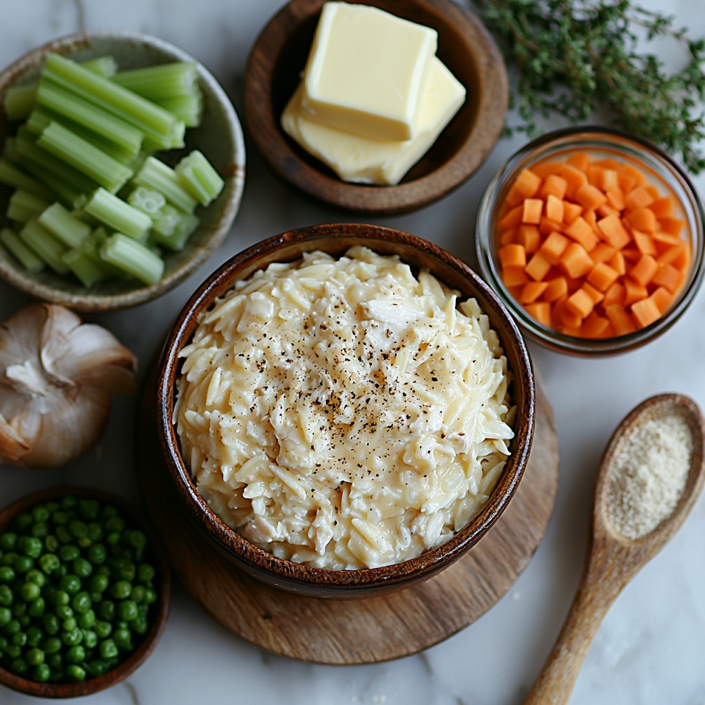 2 cups cooked shredded chicken in a small rustic bowl, creamy white milk in a clear glass measuring cup, smooth pale yellow heavy cream in a matching small jug, golden butter sticks on a wooden board, a heap of dry orzo pasta with a matte ivory texture, a vibrant frozen peas and carrots mix showing bright green and orange colors in a clear bowl, diced translucent onion and pale green celery arranged neatly side by side on a white ceramic plate, a small pile of all-purpose flour with a soft powdery texture, a wooden spoon sprinkled with light brown garlic powder, a tiny heap of dried thyme leaves with earthy green tones, a small glass bowl of low-sodium chicken broth with warm amber hues, sprigs of fresh chopped parsley with vivid green leaves scattered lightly as garnish, all ingredients spaced evenly on a clean white marble surface with soft natural lighting and subtle shadows, emphasizing freshness and homely comfort, styled with minimal props such as linen napkin folds and simple wooden utensils, overhead shot, top down view, flat lay photography, professional food styling --ar 1:1 --q 2 --s 750 --v 6.1