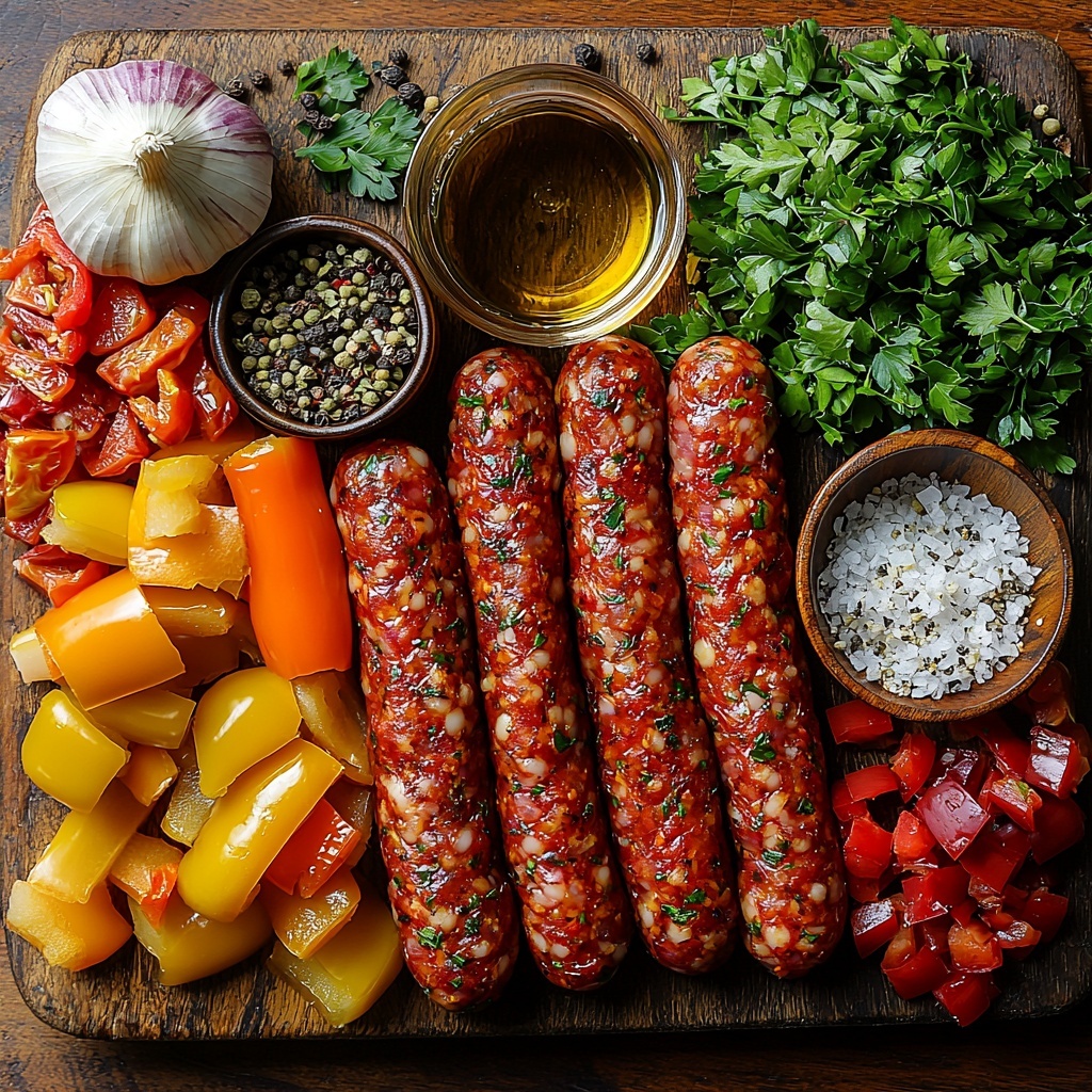 Italian sausage links and sliced pieces, vibrant red, yellow, and green bell pepper slices arranged in colorful clusters, a large onion sliced into rings, three cloves of garlic minced with fine texture on a small dish, a small bowl of golden olive oil, scattered dried oregano and crushed red pepper flakes, coarse black pepper and fine salt crystals displayed neatly, a small cup of clear chicken broth or white wine reflecting light, fresh chopped parsley sprinkled delicately on a rustic wooden surface, natural daylight highlighting the vivid colors and glossy textures, balanced composition with ample negative space, clean and minimalistic background emphasizing freshness and rustic Italian-American flavors, overhead shot, top down view, flat lay photography, professional food styling --ar 1:1 --q 2 --s 750 --v 6.1