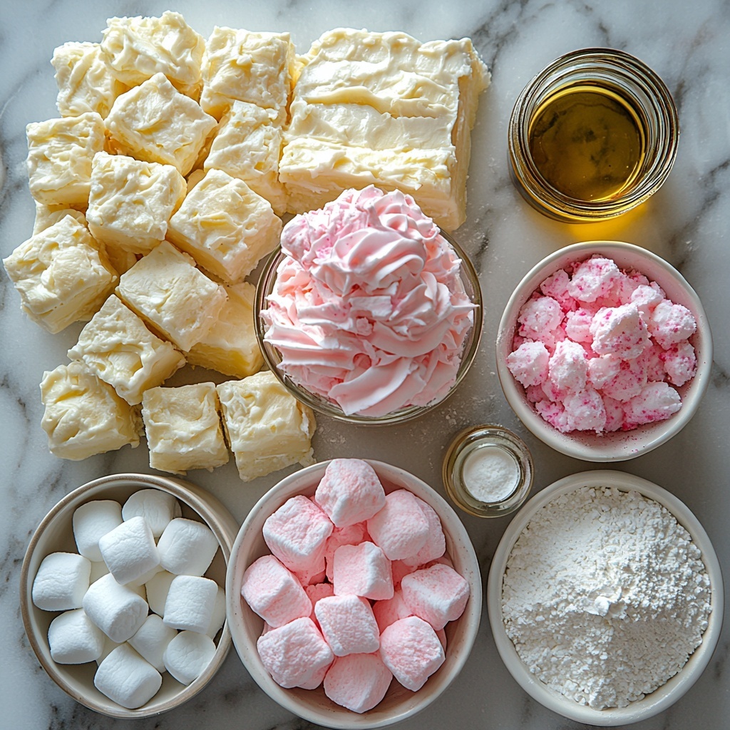 A clean white marble surface elegantly arranged with the main ingredients for Crispy Cotton Candy Cheesecake Bombs: a smooth block of softened cream cheese, a small bowl of fine powdered sugar dusted lightly nearby, a small glass bowl of vanilla extract with its glossy amber liquid, a fluffy swirl of pale pink cotton candy-flavored whipped topping or delicate pastel pink crushed cotton candy, a handful of soft, mini white marshmallows scattered artfully, a sheet of golden puff pastry folded partially to reveal its flaky layers, a small ramekin with a shiny beaten egg wash showing its rich yellow hue, a light mound of vibrant pink cotton candy for topping, and a small bottle or jar of vegetable oil subtly placed to the side. Optional elements: small bowls of bright pink and baby blue glaze, sparkling rainbow sprinkles, and shimmering edible glitter scattered lightly to add visual sparkle. The composition is clean and minimal with natural soft lighting that highlights textures—the cream cheese’s creamy smoothness, the powder sugar’s fine grain, the pastry’s flaky layers, and the cotton candy’s airy fluffiness—arranged with balanced spacing to create a harmonious, inviting scene. Subtle shadows add depth while maintaining an airy, whimsical feel. overhead shot, top down view, flat lay photography, professional food styling --ar 1:1 --q 2 --s 750 --v 6.1