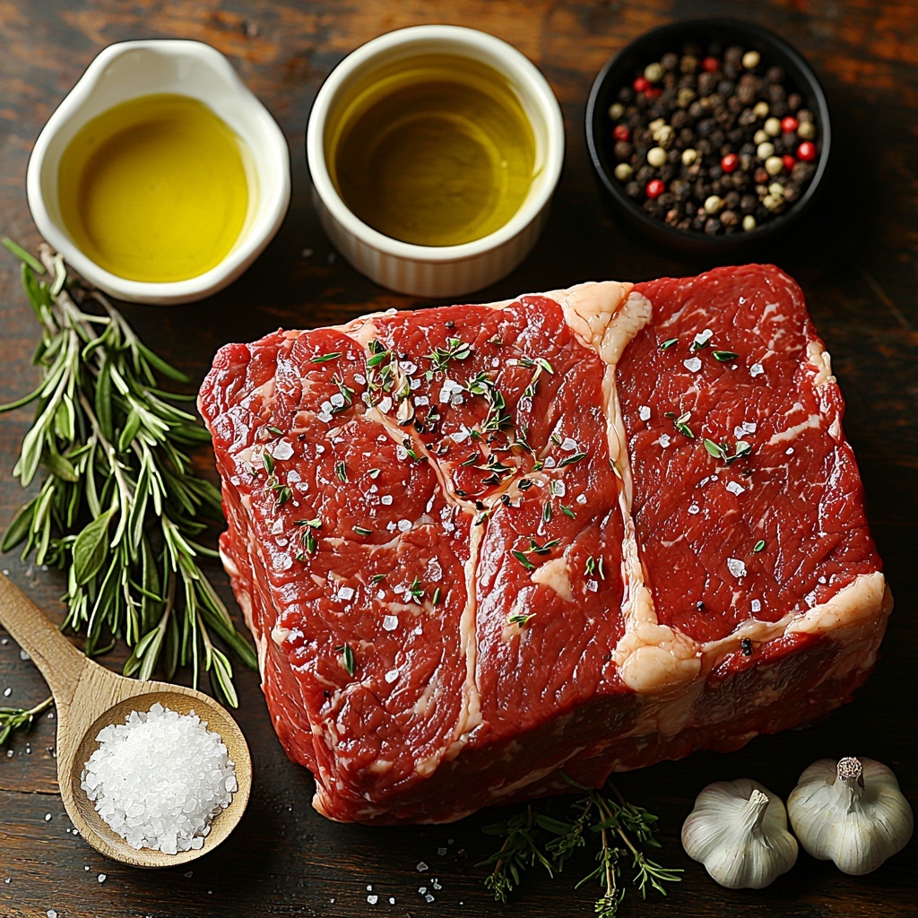 Prime rib roast (large cut of beef with marbled fat), fresh garlic cloves peeled and minced in a small bowl, small dish of golden vegetable oil, coarse kosher salt crystals in a rustic white ceramic spoon, fresh rosemary sprigs with vibrant dark green needles, fresh thyme leaves scattered loosely with tiny green leaves, a small pile of cracked black peppercorns showing varied black and deep brown textures, all ingredients neatly arranged on a clean light wooden surface with subtle natural grain. The prime rib positioned centerpiece, surrounded by ingredients spaced evenly with delicate shadows, soft natural lighting highlighting textures and colors, slight rustic touches like a folded linen napkin and a sharp carving knife placed artistically nearby. The composition is crisp and clean with a warm inviting atmosphere, emphasizing rich reds, fresh green herbs, and natural earth tones. Overhead shot, top down view, flat lay photography, professional food styling --ar 1:1 --q 2 --s 750 --v 6.1