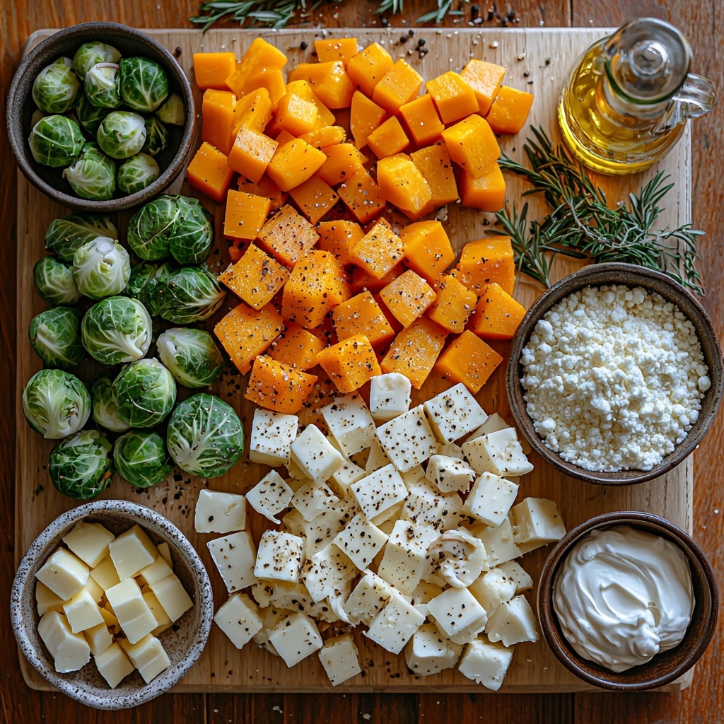 A vibrant flat lay of fresh autumn vegetable pot pie ingredients arranged on a clean, light wooden surface. Centered are peeled and diced butternut squash and pumpkin pieces in warm orange tones, surrounded by bright orange peeled carrot chunks. Quartered Brussels sprouts display deep green hues, while creamy white cauliflower florets add contrast. Nearby, sliced earthy brown crimini mushrooms and diced translucent white onion create texture variety. A small bowl holds minced garlic, with fresh green spring thyme and rosemary sprigs artfully placed beside it. Scattered around are whole bay leaves, coarse salt, cracked black pepper, and crushed red pepper flakes in rustic ceramic spoons. A mound of all-purpose flour and baking powder sits next to a small dish of cold, diced unsalted butter cubes and another with 2 egg yolks and buttermilk. A bottle of golden olive oil glistens nearby. A small bowl of vibrant green thawed peas and a dollop of creamy white Greek yogurt balance the scene. The colors range from deep greens and bright oranges to warm browns and creamy whites, creating an inviting autumn palette. Soft natural lighting highlights the varying textures: smooth squash, rough herbs, and flaky butter cubes. The ingredients are neatly spaced with subtle overlapping to create depth and visual interest. Overhead shot, top down view, flat lay photography, professional food styling --ar 1:1 --q 2 --s 750 --v 6.1
