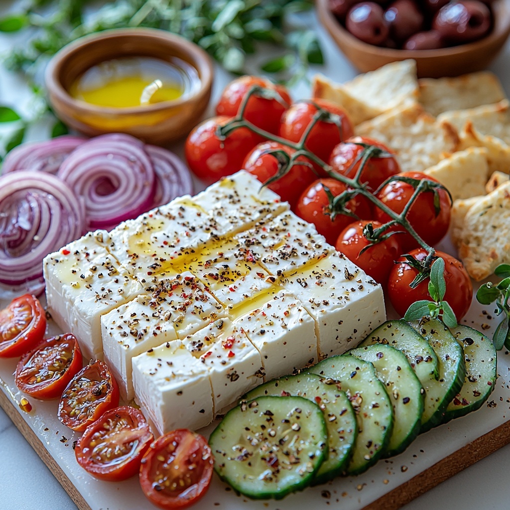 8 ounces block feta cheese, 8 ounces cream cheese, small glass bowl of extra-virgin olive oil, half a lemon sliced with visible juice droplets, small dishes of dried oregano, basil, black pepper, and red pepper flakes in neat piles, a cluster of halved grape tomatoes showing glossy red interiors, sliced hot house cucumber rounds with vibrant green skin and pale centers, finely diced red onion in a small dish, Kalamata olives with deep purple color, rustic pita chips and golden crostinis arranged artfully off to one side; all ingredients carefully spaced on a clean white marble surface to highlight fresh colors and contrasting textures—creamy whites, vivid reds, greens, purples and earthy tones—natural soft lighting emphasizing freshness, minimal shadows, slight overhead angle to capture every detail, subtle herbs and spice flakes scattered for a casual yet elegant look, garnished with a few whole oregano leaves for extra visual appeal, overhead shot, top down view, flat lay photography, professional food styling --ar 1:1 --q 2 --s 750 --v 6.1