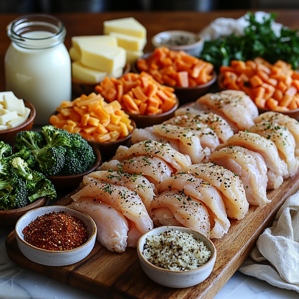 boneless skinless chicken breasts halved, tablespoon olive oil in a small glass bowl, 5 tablespoons salted butter on a wooden butter dish, diced yellow onion in a small white bowl, diced carrot and diced celery arranged in neat piles side by side, 6–7 garlic cloves minced on a rustic wooden board, 3 cups fresh chopped broccoli spread loosely on parchment paper, small bowls containing Kinder’s The Blend seasoning mix (salt, black pepper, garlic powder), garlic powder, onion powder, black pepper, herbes de Provence arranged in a semi-circle, 1/3 cup all-purpose flour in a vintage ceramic bowl, 6 cups chicken broth in a clear glass measuring jug, 2 cups heavy cream in a white porcelain pitcher, 10 broken lasagna sheets scattered artistically on a linen cloth, 1.5 cups grated Parmesan cheese in a small wooden bowl, all ingredients displayed on a clean white marble surface with soft natural light, subtle shadows, fresh herbs as garnish elements for texture, minimalistic rustic kitchen vibe, delicate linen napkin partially visible, overhead shot, top down view, flat lay photography, professional food styling --ar 1:1 --q 2 --s 750 --v 6.1