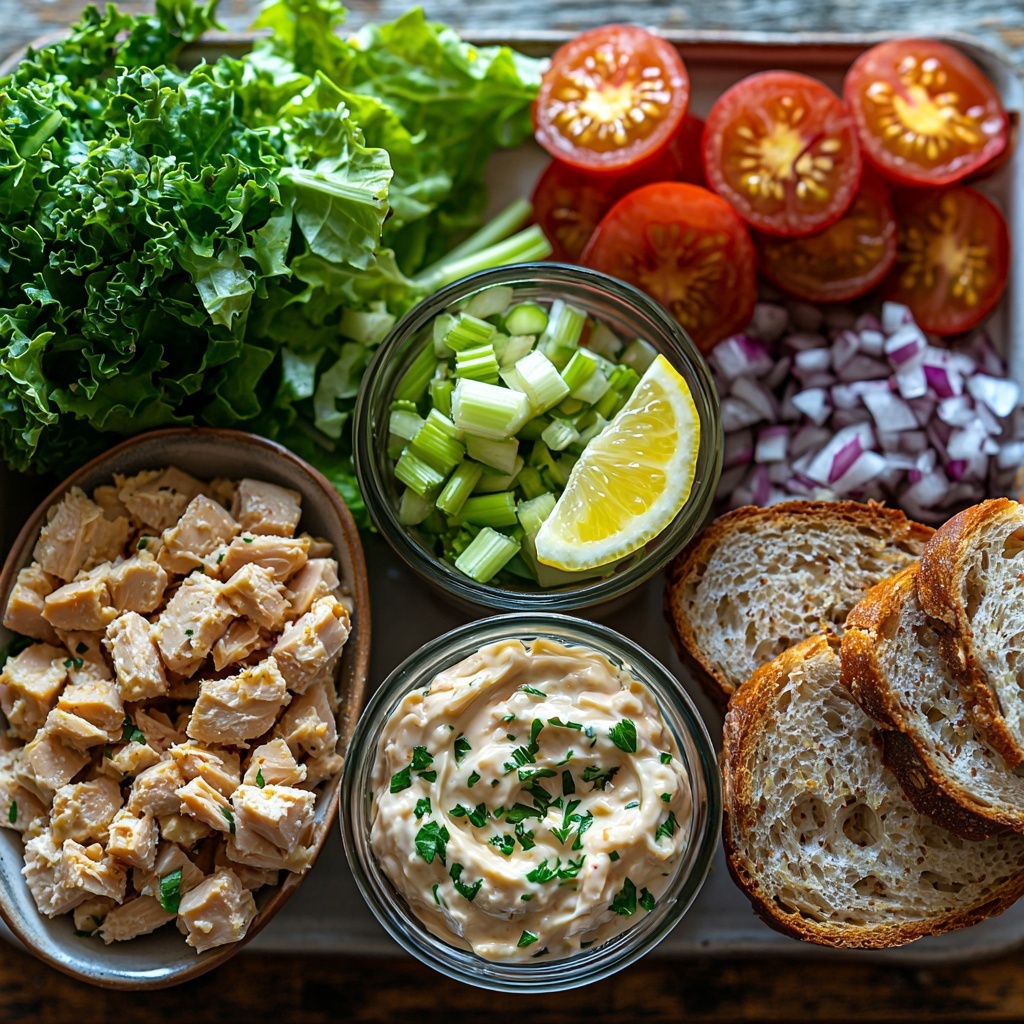 Two cans of drained tuna in water in open cans with flaky texture visible, small glass bowl with creamy pale off-white mayonnaise, a spoonful of smooth golden Dijon mustard on a white ceramic dish, a wedge of bright yellow lemon showing juicy pulp, finely chopped vibrant green celery stalk scattered neatly, small pile of finely diced deep purple-red onion, pinch of coarse salt crystals and cracked black peppercorns arranged in tiny bowls, fresh crisp green lettuce leaves artfully layered, several glossy red tomato slices with visible seeds and juice, slices of toasted whole grain bread with golden brown crust and textured crumb, all ingredients thoughtfully spaced on a clean neutral light wooden surface with soft natural daylight highlighting colors and textures, minimal shadows, styled for a fresh, wholesome, inviting look, overhead shot, top down view, flat lay photography, professional food styling --ar 1:1 --q 2 --s 750 --v 6.1