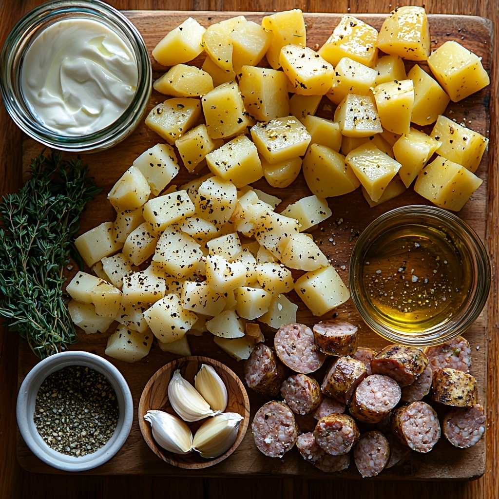 4 medium diced potatoes with creamy white and pale yellow tones, a small heap of chopped translucent onion pieces, two cloves of garlic minced finely in a small rustic bowl, a pile of browned sliced sausage showcasing rich reddish-brown color and textured edges, a glass measuring cup filled with golden chicken broth, a small white bowl of smooth heavy cream, a wooden spoon holding dried green thyme leaves, a small dish of coarse salt and cracked black pepper, and a small glass bowl of glossy olive oil. All ingredients are carefully arranged on a clean, light wooden surface with soft natural light casting gentle shadows, creating a warm and inviting mood. The composition is balanced with contrasting colors and textures highlighted, styled with minimal props for an organic, homey feel. Fresh herbs and subtle flourishes add visual interest. overhead shot, top down view, flat lay photography, professional food styling --ar 1:1 --q 2 --s 750 --v 6.1
