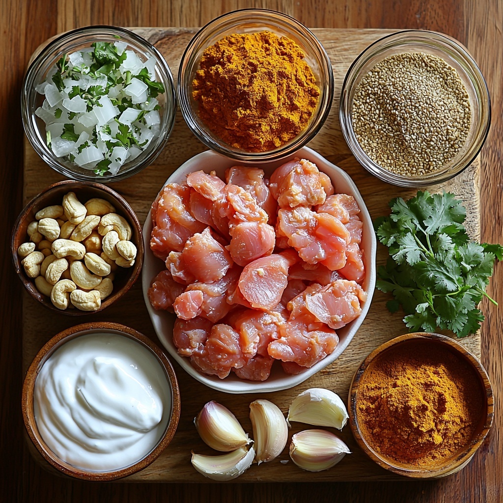 A clean, light wooden surface featuring an array of vibrant Chicken Korma ingredients artfully arranged in a balanced flat lay. Centerpiece: 1.5 pounds of raw, boneless, skinless chicken thighs with pale pink flesh and smooth texture on a small white ceramic plate. Nearby, two medium onions thinly sliced into delicate translucent rings in a clear glass bowl. Small white ramekins hold 4 minced garlic cloves and 1 tablespoon of freshly grated ginger, showcasing fine texture and bright colors. A rustic wooden bowl filled with creamy white plain yogurt and another with soaked, plump cashews displaying soft beige tones. A small glass pitcher containing rich, pale yellow heavy cream. A small bronze dish with golden vegetable oil or ghee shimmering under soft light. To the side, warm brown whole spices arranged neatly: a cinnamon stick, 4 vibrant green cardamom pods, and 3 dark brown cloves, highlighting their aromatic appeal. Scattered small piles of golden ground coriander, beige ground cumin, bright yellow turmeric powder, and deep brown garam masala arranged on a neutral stone slab, emphasizing color contrast and fine powdery texture. A tiny vintage salt cellar with coarse salt crystals. Fresh sprigs of bright green cilantro add a pop of freshness and color. All items spaced evenly with natural shadows, soft diffused daylight illuminating the scene for a warm, inviting feel, styled with minimalistic props and clean lines emphasizing ingredients’ freshness and vibrant hues. Overhead shot, top down view, flat lay photography, professional food styling --ar 1:1 --q 2 --s 750 --v 6.1