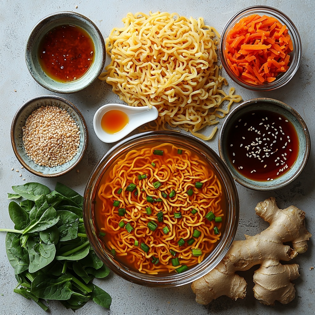 A clean white surface with all main ingredients for spicy sesame ramen soup neatly arranged in a harmonious flat lay: a clear glass bowl filled with low-sodium chicken broth reflecting warm golden tones; a small ceramic dish with glossy, dark amber sesame oil; a rustic spoon holding thick, rich reddish-orange Sriracha; a tiny bowl of fine brown sugar crystals; a shallow dish with glistening low-sodium soy sauce in deep mahogany hues; fresh, pale yellow ramen noodles slightly curled in a loose nest; minced garlic finely chopped with a soft, slightly moist texture on a white spoon; freshly grated ginger appearing fibrous and vibrant yellow; a pile of bright green chopped green onions with crisp edges; a bundle of fresh dark green spinach leaves with delicate veins and slightly ruffled edges. All elements spaced with balance and negative space to highlight individual colors and textures. Soft natural light casting subtle shadows, enhancing freshness and depth. Styling includes a few scattered sesame seeds and a simple linen napkin with gentle folds in one corner for warmth. Overhead shot, top down view, flat lay photography, professional food styling --ar 1:1 --q 2 --s 750 --v 6.1