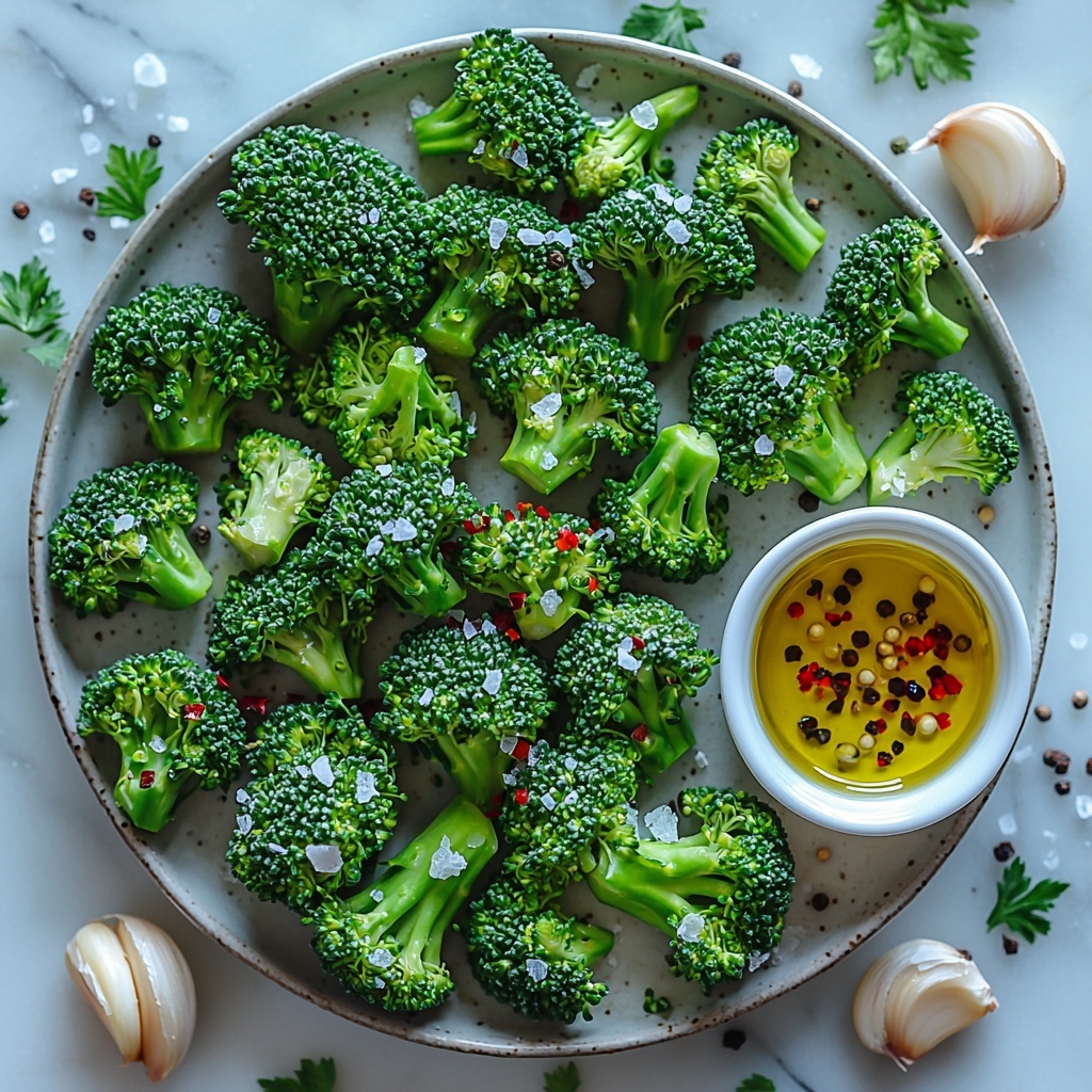 fresh broccoli florets with vibrant green color and textured florets, small glass bowl of golden olive oil with a glossy sheen, three peeled garlic cloves finely minced next to whole garlic bulbs, small white ramekin filled with finely grated pale yellow Parmesan cheese, a tiny dish of bright red pepper flakes, scattered coarse salt crystals and cracked black peppercorns on a clean white marble surface, natural soft daylight highlighting the freshness and subtle textures, ingredients thoughtfully spaced with slight overlaps to create visual balance and harmony, some broccoli florets casually resting near the olive oil and garlic for an organic feel, minimal shadows and a neutral background to keep focus on colors and textures, overhead shot, top down view, flat lay photography, professional food styling --ar 1:1 --q 2 --s 750 --v 6.1