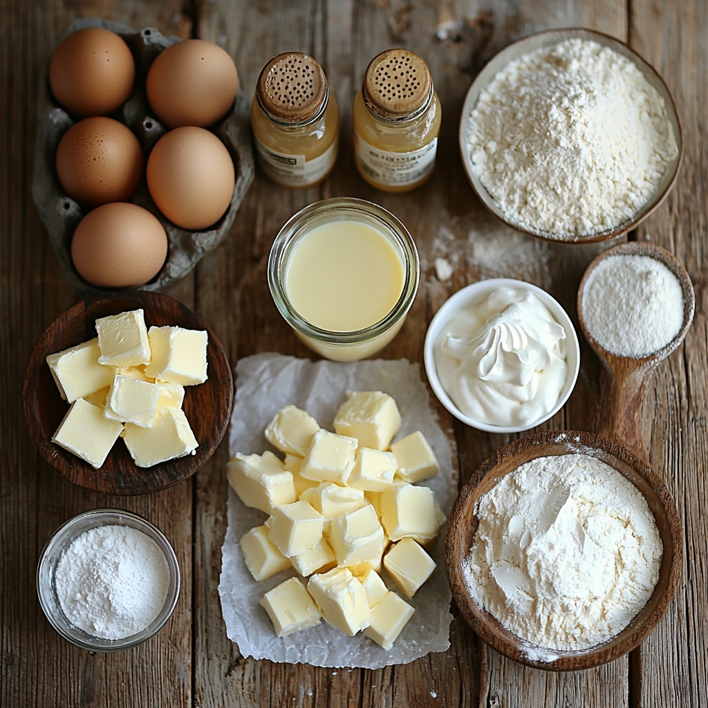 A clean bright wooden surface arranged with the main ingredients for eggnog cream puffs: a glass measuring cup filled with clear water, a small white bowl of unsalted butter chunks, a tiny ceramic dish with fine white salt, a heap of white all-purpose flour on a parchment paper square, four large brown and white eggs neatly placed in a row, a vintage glass bottle of creamy beige eggnog, a chilled bowl of thick heavy cream, a small metal sieve dusted with powdered sugar, a small bowl of fine white powdered sugar, a slender glass bottle of vanilla extract with amber liquid, and a tiny ramekin containing pale cornstarch powder. The ingredients are spaced evenly with natural soft light casting gentle shadows, emphasizing varied textures—from the smooth eggshells, glossy butter, to fluffy flour and silky liquids. Minimal rustic props like a wooden spoon and linen napkin add warmth without clutter. The overall palette is warm and inviting with white, cream, beige, and light brown tones creating harmony. overhead shot, top down view, flat lay photography, professional food styling --ar 1:1 --q 2 --s 750 --v 6.1