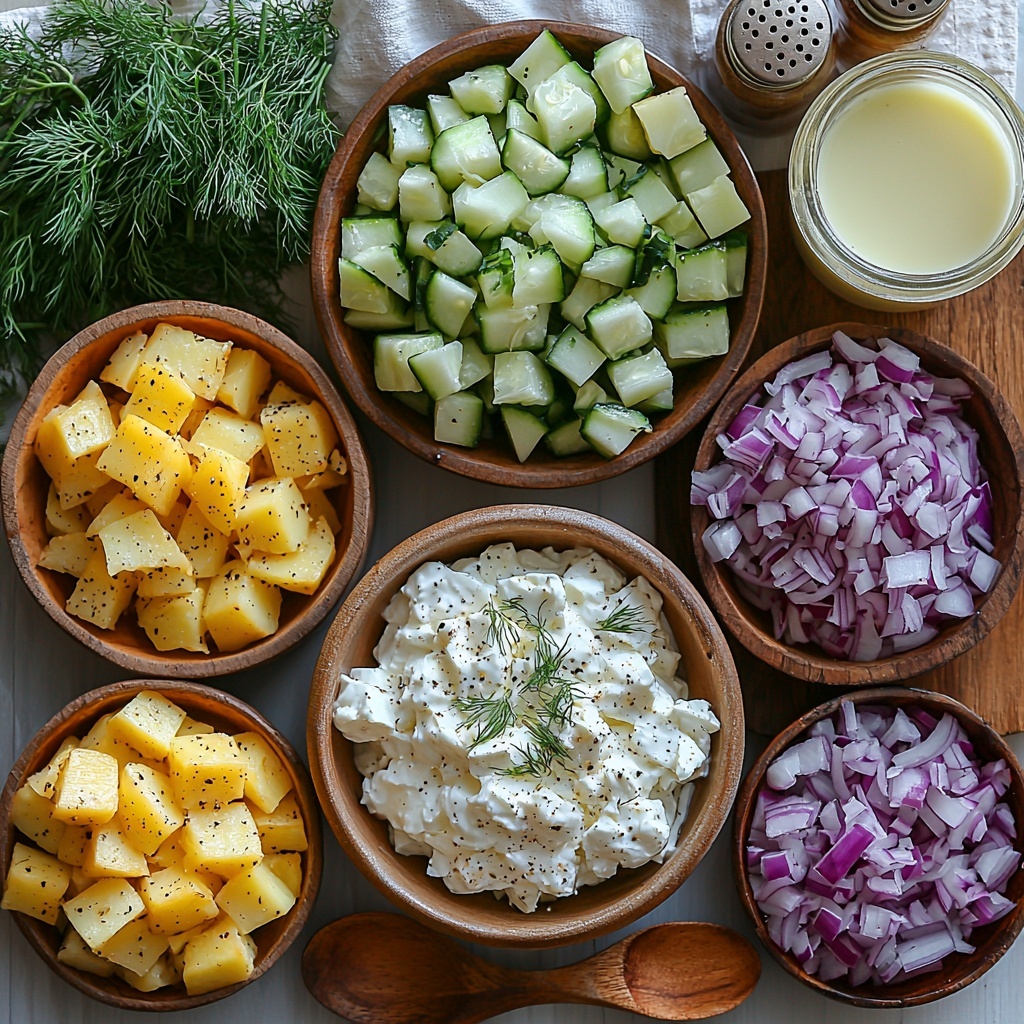 Flat lay photography of Greek yogurt potato salad ingredients arranged neatly on a bright, clean white surface. Included are diced pale yellow potatoes in a small rustic ceramic bowl, a smooth white bowl of creamy Greek yogurt, crisp diced cucumber pieces with vibrant green skin, finely chopped deep purple-red onion scattered artfully on a small wooden dish, fresh bright green dill sprigs placed delicately beside a small glass bowl of lemon juice with a pale yellow hue, and small rustic salt and pepper shakers with coarse crystals visible. The ingredients are spaced evenly with natural light highlighting the varied textures: creamy, crunchy, soft, and fresh. Soft shadows add depth and warmth, styled with minimal props like a wooden spoon and linen napkin in muted tones to keep focus on the colors and freshness of the produce. Overhead shot, top down view, flat lay photography, professional food styling --ar 1:1 --q 2 --s 750 --v 6.1