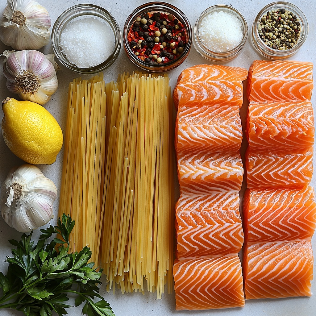 A clean white surface with all the main ingredients for salmon pasta artfully arranged: uncooked golden spaghetti noodles coiled neatly, a small rustic bowl of rich olive oil with a glistening sheen, two peeled garlic cloves finely minced displayed next to whole garlic bulbs, fresh salmon fillets with pale pink flesh and a smooth texture, small piles of coarse sea salt and cracked black peppercorns, a vintage measuring cup filled with thick, creamy off-white heavy cream, a bright yellow lemon halved with one half zested and the other juiced showing vibrant pulp, a small bunch of fresh parsley with bright green leaves roughly chopped, a tiny glass jar with red pepper flakes showing deep red and orange hues, and a small bowl of freshly grated Parmesan cheese with a soft, snowy texture. The ingredients are spaced organically but balanced, natural daylight highlighting the colors and textures, soft shadows adding depth, a few sprigs of parsley scattered as garnish, clean and minimal style, slight rustic touches like a wooden spoon and linen napkin subtly placed nearby. overhead shot, top down view, flat lay photography, professional food styling --ar 1:1 --q 2 --s 750 --v 6.1