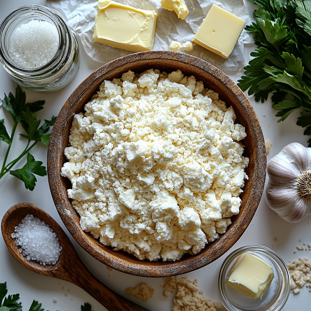 all-purpose flour in a small rustic bowl with some spilled lightly on a clean white surface, active dry yeast in a tiny glass jar with a wooden scoop beside it, a clear measuring cup filled with warm water showing condensation on the outside, a small white dish holding golden granulated sugar, a tiny heap of fine salt crystals on a smooth white ceramic spoon, a vintage melted unsalted butter pat in a small ramekin beside a butter knife with butter traces, fresh whole garlic bulbs with a few cloves peeled and finely minced garlic scattered artfully on parchment paper, bright green finely chopped fresh parsley in a small glass bowl, all ingredients carefully spaced and arranged to highlight their natural colors and textures on a bright clean background with soft natural daylight, minimal shadows, and subtle rustic kitchen props to enhance warmth and homeliness, overhead shot, top down view, flat lay photography, professional food styling --ar 1:1 --q 2 --s 750 --v 6.1