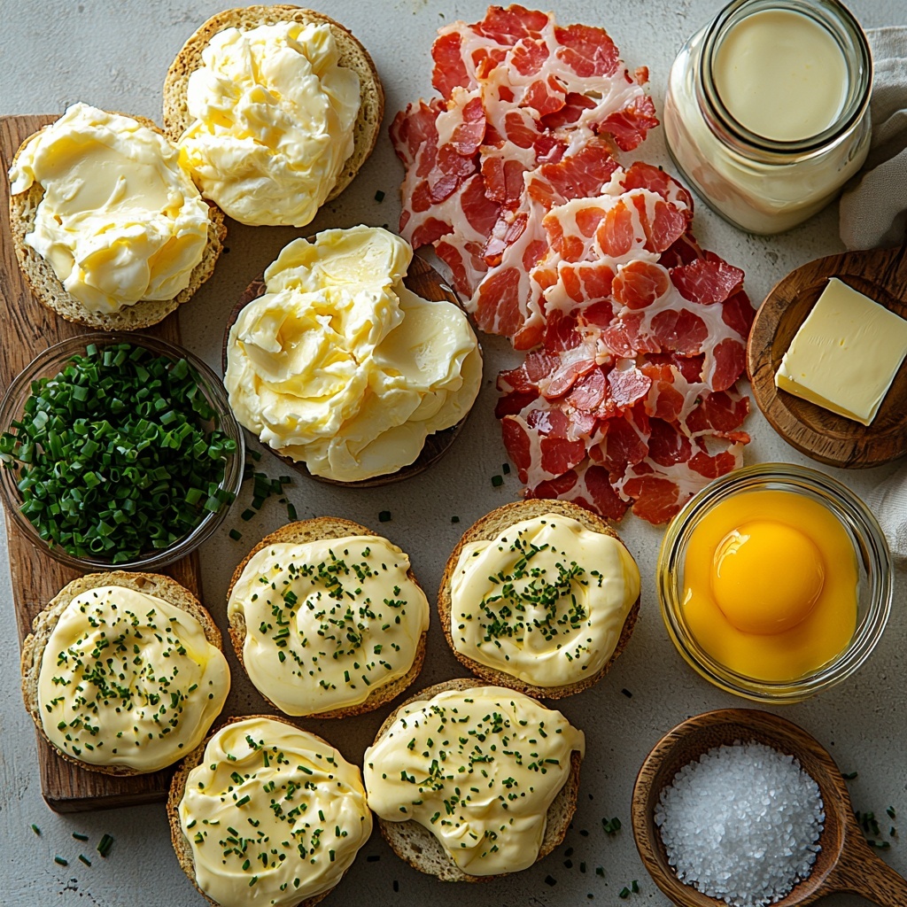 Sumo citrus hollandaise sauce and eggs benedict ingredients arranged neatly on a clean, bright white surface: two golden brown English muffins halved, four large fresh eggs with smooth white shells, a small glass bowl of vibrant yellow Sumo citrus hollandaise sauce with glossy texture, four slices of pink Canadian bacon with slight sear marks, a small dish with bright green freshly chopped chives, a chunk of creamy pale yellow butter, a tiny bowl containing golden egg yolks, a small bottle of heavy whipping cream, a clear glass bowl with bright orange-yellow Sumo citrus juice, and small piles of fine white salt and a pinch of red cayenne powder. Natural soft daylight illuminating the scene, gentle shadows enhancing the textures of the buttery muffins, glossy eggs, and rich sauce. Clean, minimalistic styling with rustic wooden utensils and a linen napkin at the edge for warmth. Overhead shot, top down view, flat lay photography, professional food styling --ar 1:1 --q 2 --s 750 --v 6.1