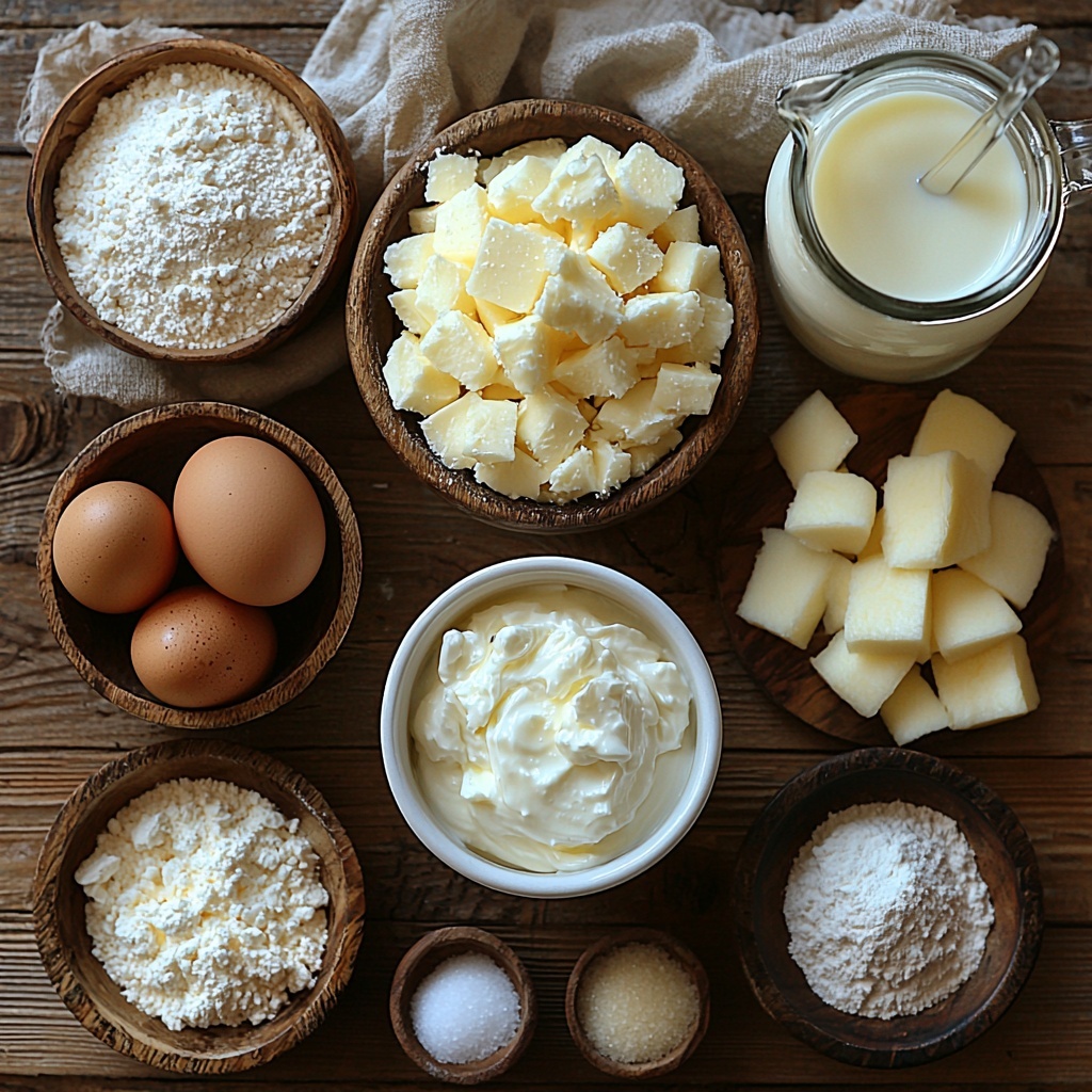 Chobani Low-Fat Plain Greek Yogurt in a small white ceramic bowl, whole milk in a glass measuring cup, raw eggs cracked open with yolks visible in a rustic wooden bowl, light brown sugar both in a small glass jar and scattered loosely on the surface, a bottle of vanilla extract tipped slightly with label visible, all-purpose flour and baking powder in small vintage metal scoops, cornstarch in a delicate white ramekin, coarse salt sprinkled subtly on a linen napkin, a stick of unsalted butter partially unwrapped on parchment paper, peeled and chopped apples in a wooden bowl with some apple slices fanned out nearby, heavy cream in a clear glass pitcher, sifted powdered sugar lightly dusted on a tiny sieve, and a small bowl of freshly whipped cream with soft peaks. The ingredients are artfully arranged on a clean, light wooden surface with natural warm daylight casting soft shadows. Textures vary from smooth creamy yogurt and whipped cream to granulated sugars and fluffy flour, complemented by the glossy apples and rustic utensils. Minimal props in neutral tones enhance the fresh, wholesome feel. Overhead shot, top down view, flat lay photography, professional food styling --ar 1:1 --q 2 --s 750 --v 6.1