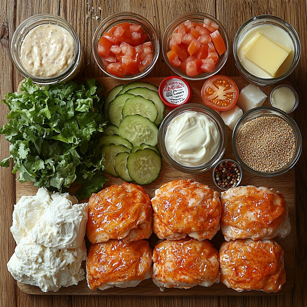 A clean white wooden surface styled with fresh cooking ingredients arranged neatly for an overhead flat lay. Include a small glass bowl of creamy half and half with a smooth texture, a clear glass container of light golden chicken broth, and a tiny dish holding a glossy brown Worcestershire sauce. A small spoonful of pale yellow Dijon mustard next to a mound of dried green parsley, with separate sprinklings of dried basil, onion powder, salt, dried oregano, thyme, and ground sage artfully placed on minimal white plates or ramekins. Two tablespoons of rich golden olive oil in a shallow dish. Fresh, thinly sliced white button mushrooms with their soft, white texture fanned out beside a small bunch of vibrant, dark green packed spinach leaves. Nearby, a raw boneless skinless chicken breast with a pale pink color, seasoned with salt and pepper flakes. A small glass with translucent pale yellow dry white wine, and a pat of glossy salted butter on a tiny wooden board. Three peeled cloves of garlic with visible minced garlic pieces scattered. A sprinkling of fine white flour in a small heap, a pile of grated pale yellow Parmesan cheese with a crumbly texture. Lastly, uncooked farfalle pasta with a smooth, pale yellow surface, arranged in a loose cluster. Soft natural lighting enhances the colors and textures, slight shadows add depth, styled with minimal rustic props like wooden spoons and linen cloth, negative space for text. Overhead shot, top down view, flat lay photography, professional food styling --ar 1:1 --q 2 --s 750 --v 6.1