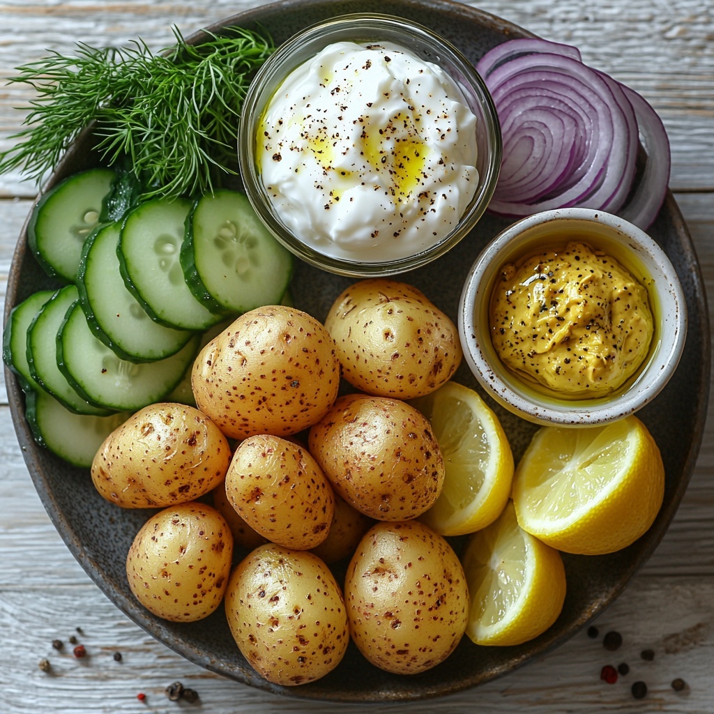 baby potatoes with golden and light brown skins clustered together, creamy white Greek yogurt in a small rustic bowl, glistening olive oil in a clear glass jar, bright yellow lemon wedges and a small bowl of smooth Dijon mustard, coarse sea salt and cracked black pepper in tiny ceramic dishes, fresh green cucumber slices arranged in a neat row, thinly sliced vibrant purple-red onion rings fanned out, and sprigs of vivid fresh dill scattered artfully; all ingredients placed on a clean, neutral light wood surface with soft natural lighting highlighting textures—the rough potato skins, the creamy yogurt, the glossy oil, the crisp cucumber slices, and delicate dill leaves; slight shadows to add depth and dimension, minimal props to keep focus on freshness and color harmony overhead shot, top down view, flat lay photography, professional food styling --ar 1:1 --q 2 --s 750 --v 6.1