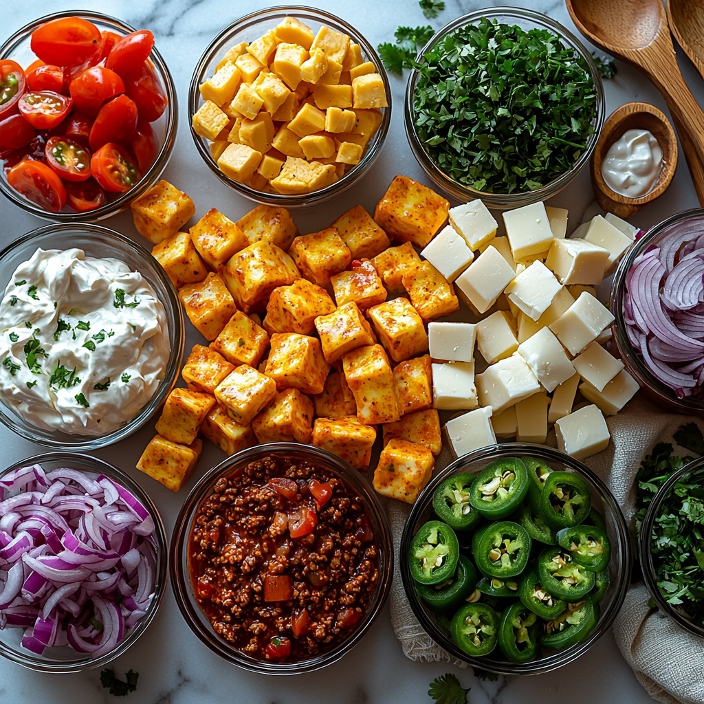 Ground beef, taco seasoning in small bowls, cubes of Velveeta cheese and cream cheese neatly arranged, shredded Mexican cheese in a small white ramekin, minced chipotle peppers with adobo sauce in a tiny dish, sliced jalapenos and banana peppers artfully fanned out, diced red onion in a clear glass bowl, drained diced tomatoes and green chilies displayed in a bright bowl, fresh chopped cilantro spread loosely alongside a quarter cup of heavy whipping cream in a small jar; all ingredients arranged on a clean white marble surface with natural light highlighting the vibrant reds, greens, creamy yellows, and rich browns; textures ranging from smooth cubed cheeses to glossy peppers and coarse ground beef; minimal shadows, subtle depth, and fresh herbs adding pops of green, styled with rustic wooden spoons and a neutral linen napkin nearby for warmth, overhead shot, top down view, flat lay photography, professional food styling --ar 1:1 --q 2 --s 750 --v 6.1