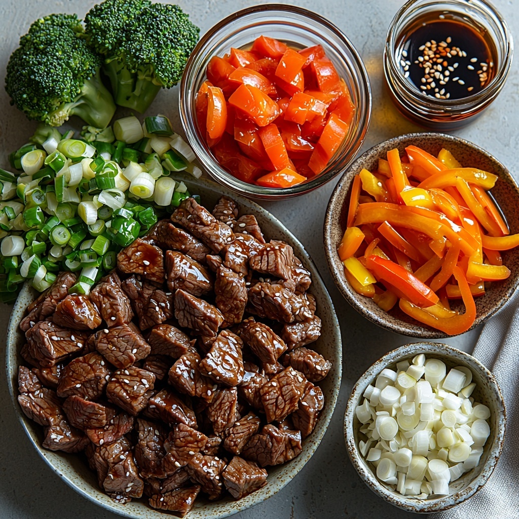 flank steak thinly sliced, glossy soy sauce in small glass bowl, rich oyster sauce jar, dark hoisin sauce jar, fine white cornstarch powder in ceramic dish, golden vegetable oil in small clear bowl, minced garlic on wooden spoon, freshly grated ginger root piece, vibrant red bell pepper slices, bright green bell pepper slices, translucent sliced onion rings, fresh green broccoli florets, small bowl of water droplets, sliced green onions scattered, black and white sesame seeds sprinkled, all ingredients neatly arranged on a clean white matte surface, natural daylight highlighting textures and colors, balanced negative space, subtle shadows for depth, rustic chopsticks and a linen napkin alongside for styling accents, overhead shot, top down view, flat lay photography, professional food styling --ar 1:1 --q 2 --s 750 --v 6.1