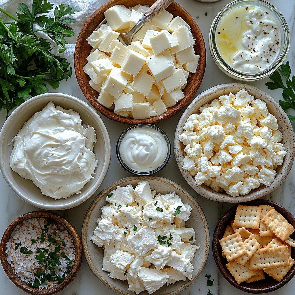 white clean surface with ingredients for Easy Million Dollar Chicken Casserole neatly arranged in a flat lay style: diced and shredded cooked chicken in a small rustic bowl showing texture of tender meat, a block of softened cream cheese with a knife spreading creamy texture, a bowl of smooth cottage cheese, a dollop of sour cream on a white ceramic spoon, a small glass bowl of creamy mayonnaise, an opened can of cream of chicken soup with visible creamy interior, a small round bowl of finely grated Parmesan cheese, a pile of shredded mozzarella cheese with fluffy texture, crushed golden Ritz crackers in a clear bowl showing crumbly texture, melted butter in a small glass cup shimmering, small dishes with garlic powder, onion powder, salt and pepper neatly labeled, fresh chopped parsley bright green sprinkled on a white plate, soft natural light highlighting the creamy textures and warm golden hues, subtle shadows for depth, minimalist modern styling with ample negative space, overhead shot, top down view, flat lay photography, professional food styling --ar 1:1 --q 2 --s 750 --v 6.1