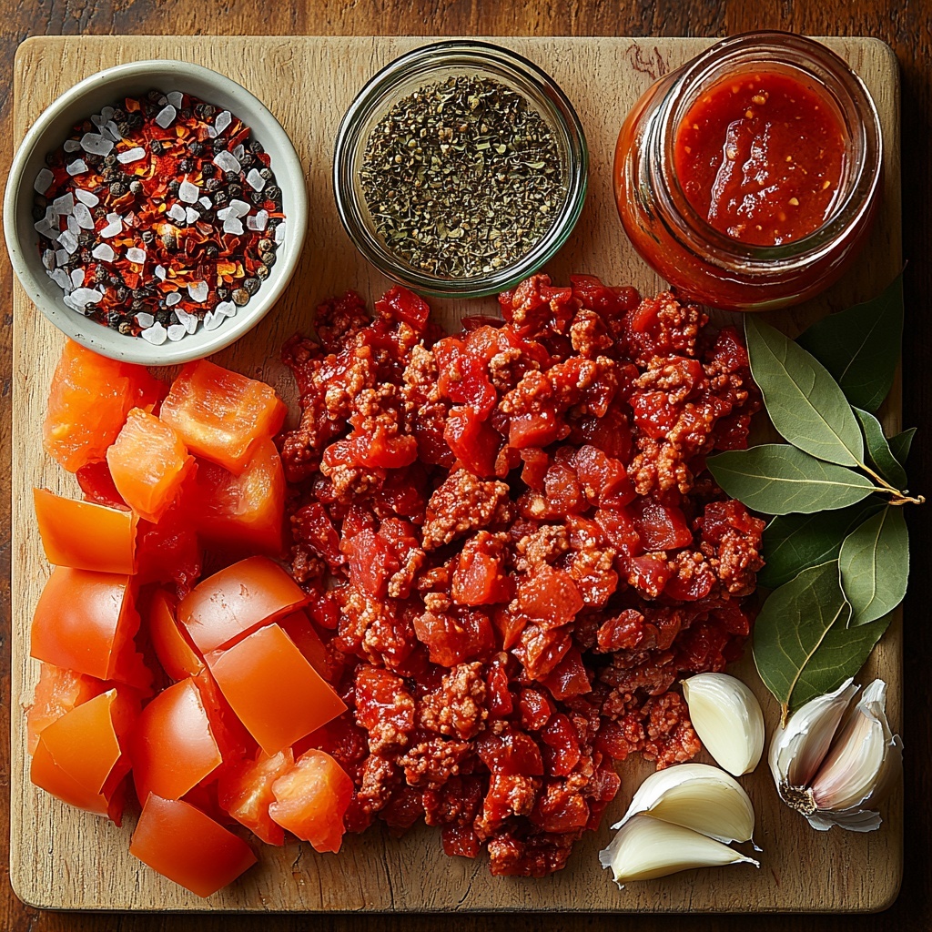A clean, light wood surface with the main ingredients of No Beans Chili carefully arranged in an artful flat lay: a mound of raw ground beef with rich red and pink tones, a medium onion finely diced in a small white bowl, bright green diced bell pepper next to it, a neat pile of dried spices including chili powder (deep red), ground cumin (warm brown), dried oregano (earthy green), smoked paprika (vibrant red-orange), and kosher salt crystals scattered subtly nearby. Six peeled garlic cloves, a small spoonful of vibrant red tomato paste on a rustic ceramic spoon, a glass jar filled with crushed red tomatoes with visible seeds and pulp, a clear measuring cup with dark beef broth, and two fresh bay leaves with a glossy green sheen are all spaced evenly with natural light highlighting their textures and colors. The composition is minimalistic yet inviting, with soft shadows and gentle highlights to accentuate freshness and earthiness. Overhead shot, top down view, flat lay photography, professional food styling --ar 1:1 --q 2 --s 750 --v 6.1