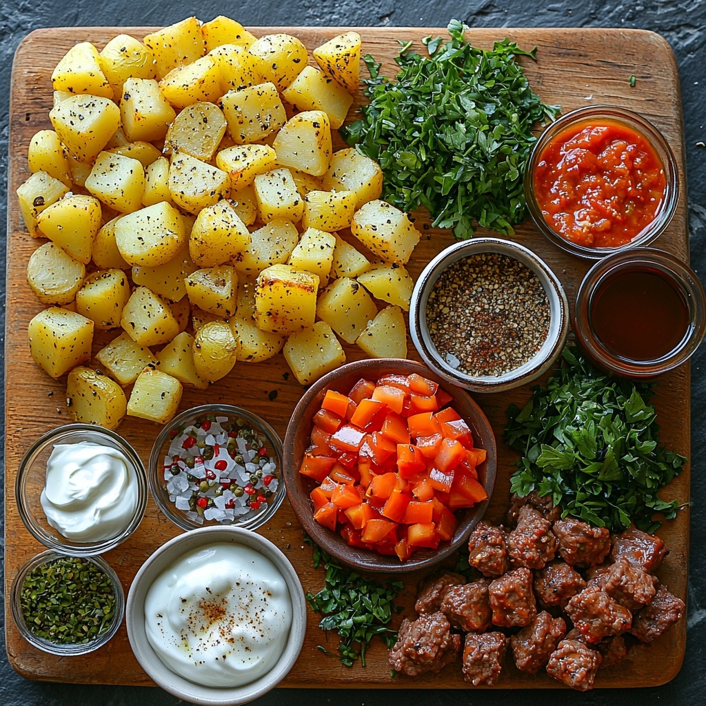 A clean, smooth white surface arranged with vibrant, fresh ingredients for Best Ground Beef and Potatoes recipe: peeled and neatly cubed golden potatoes in a small rustic bowl, rich raw ground beef shaped loosely on a wooden board, finely diced crisp red bell pepper scattered beside a small pile of finely diced translucent onion; a small ceramic dish holding glossy canola oil, another dish with deep amber Worcestershire sauce, and a tiny bowl with smooth Dijon mustard. Nearby, small piles of warm red Spanish smoked paprika powder, light beige garlic powder, dried oregano flakes, coarse salt crystals, and cracked black peppercorns are artistically arranged. A slender glass bowl with bright red Frank’s RedHot hot sauce, a small rustic cup with deep brown beef broth, and a few thinly sliced vibrant green onions fanned out on a dark slate tile add fresh color contrast. A dollop of creamy white yogurt elegantly spooned into a small white ramekin. Soft natural light casting gentle shadows highlights the textures: the roughness of the cubed potatoes, the marbled beef, the fine powders, and the smooth liquids. Composition balanced with spacious negative space for a fresh, inviting feel, slight overhead angle emphasizing layers and colors. Overhead shot, top down view, flat lay photography, professional food styling --ar 1:1 --q 2 --s 750 --v 6.1
