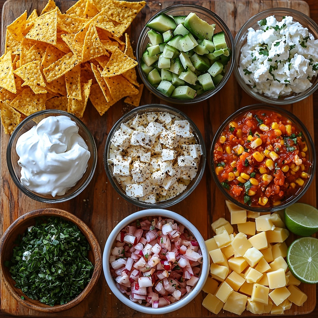 Chili powder, ground cumin, dried oregano, salt, mustard powder, black pepper, cayenne pepper, red pepper flakes in small white ceramic bowls; three tablespoons butter on a small wooden dish; one yellow onion diced, scattered neatly with part whole next to it; one large jalapeno pepper seeded and diced, fresh green color with seeds visible; four cloves garlic minced, finely chopped; three tablespoons flour in a glass bowl, powdery texture; six cups chicken broth in a clear measuring cup, golden translucent liquid; one-third cup half and half in a small glass container, creamy white; two cans drained cannellini beans spilling slightly out of an open can, white smooth beans; one teaspoon hot sauce in a small red saucer; one teaspoon Worcestershire sauce in a dark glossy small bowl; two cans mild green chilies, one opened showing bright green chilies and juice; 1.5 lbs bone-in skinless chicken breast, raw, pale pink with slight sheen on a wooden board; one can whole kernel sweet corn, drained, bright yellow kernels in a small bowl; 8 oz softened cream cheese in a round white dish, soft and creamy; lime wedges arranged in a fan shape with bright green rind; small diced avocado cubes, vibrant green; dollops of sour cream in a white spoon; golden crispy tortilla strips and Fritos chips scattered casually; shredded Monterey or Pepper Jack cheese with a soft orange and white marbled texture on a small plate. All ingredients arranged in a balanced, harmonious composition on a clean light wooden surface with soft natural lighting, subtle shadows, vibrant colors and contrasting textures, styled with minimal rustic props and clean white ceramic bowls and wooden boards, emphasizing freshness and inviting warmth. Overhead shot, top down view, flat lay photography, professional food styling --ar 1:1 --q 2 --s 750 --v 6.1
