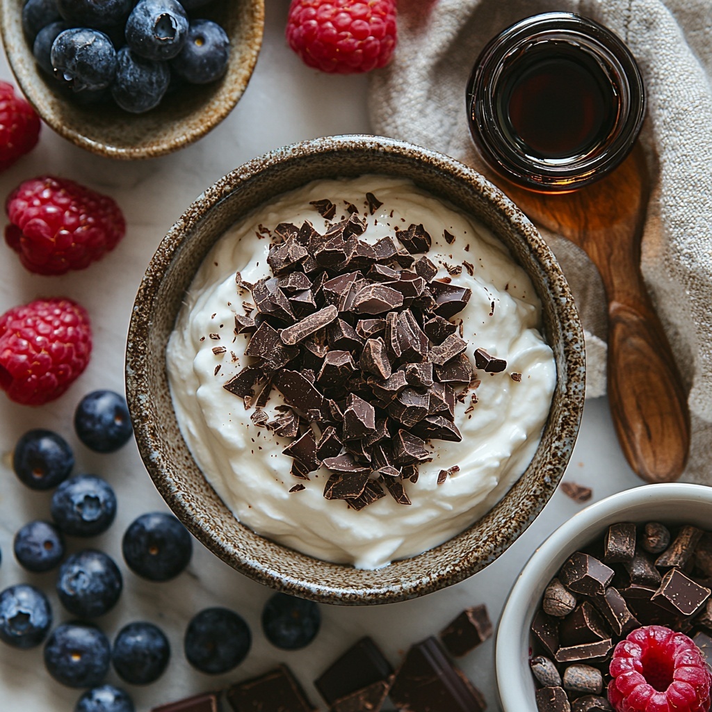 plain Greek yogurt in a small glass bowl with creamy white texture, small heap of unsweetened cocoa powder in a rustic ceramic dish showing deep rich brown color, a wooden spoon with glossy amber maple syrup dripping slightly, a small glass bottle of vanilla extract with dark liquid inside, a tiny white porcelain dish holding fine sea salt crystals, dark chocolate shavings scattered artfully on a light linen napkin, fresh mixed berries including raspberries and blueberries adding vibrant red and blue pops of color, cacao nibs sprinkled loosely near the cocoa powder, all ingredients arranged neatly and symmetrically on a clean white marble surface with natural soft daylight highlighting textures and colors, subtle shadows adding depth, minimalistic and airy styling with earth-toned props and soft neutral linen fabrics, overhead shot, top down view, flat lay photography, professional food styling --ar 1:1 --q 2 --s 750 --v 6.1